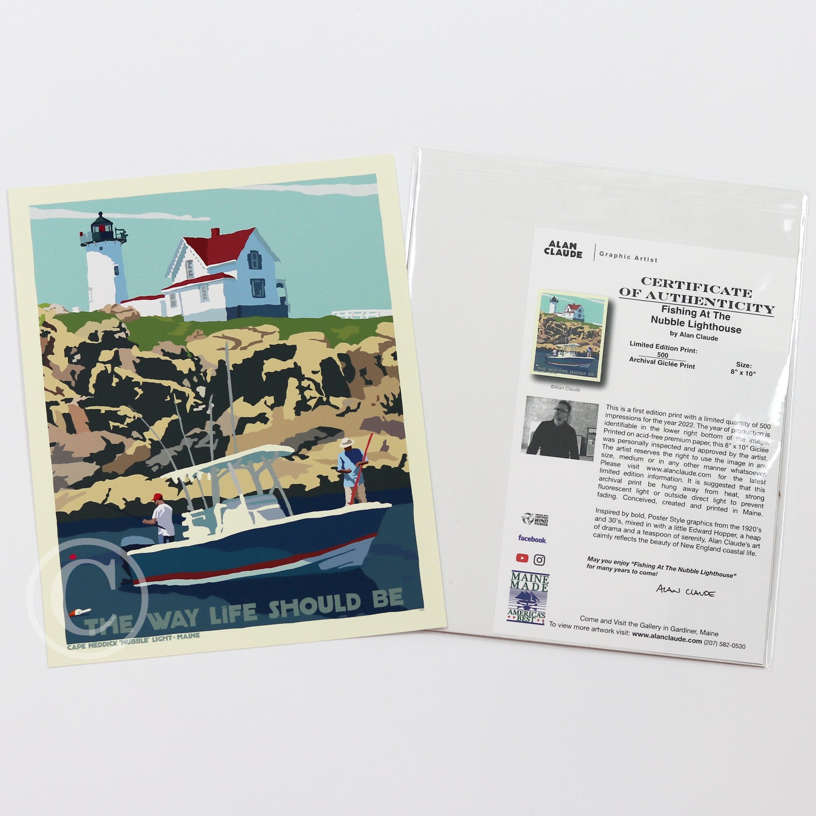 Fishing at the Nubble Art Print 8" x 10" Travel Poster By Alan Claude - Maine