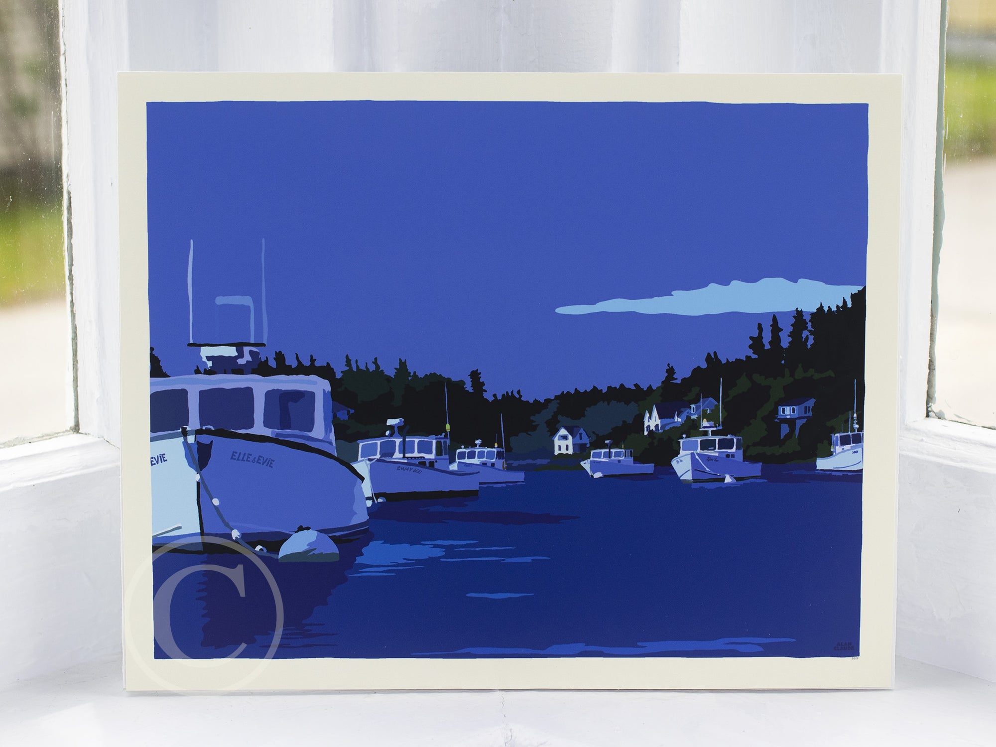 Moonlight Over Port Clyde Art Print 8" x 10" Wall Poster By Alan Claude - Maine