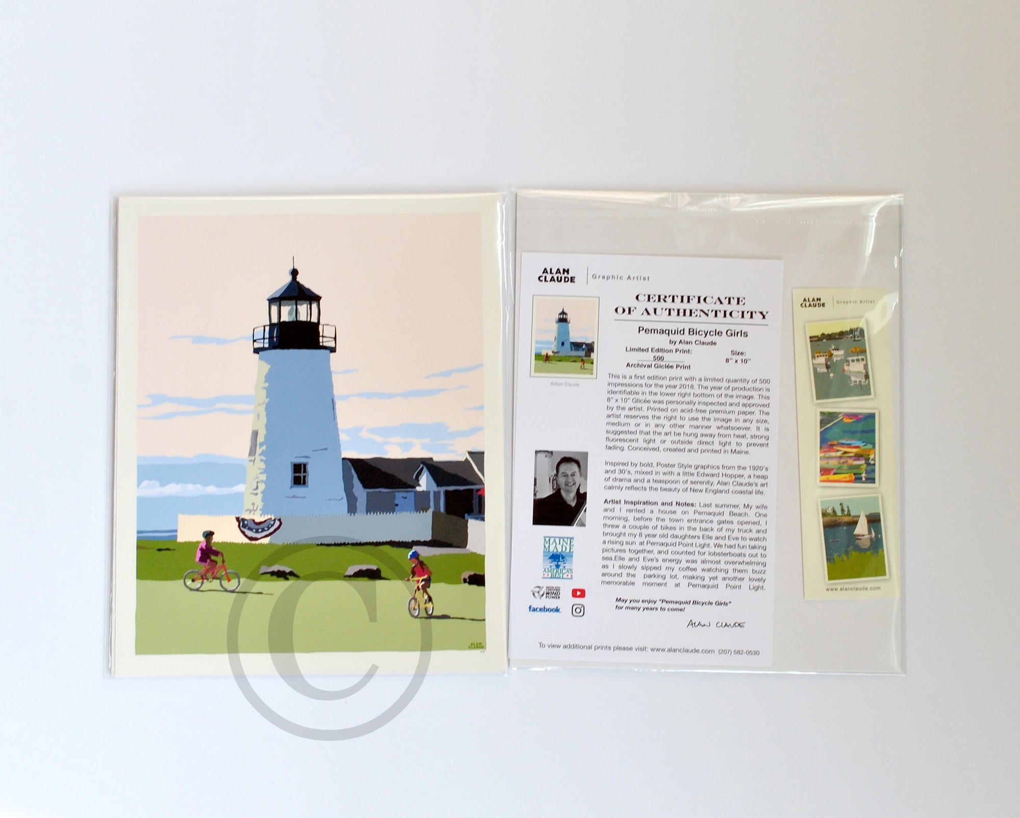 Pemaquid Bicycle Girls Art Print 8" x 10" Wall Poster By Alan Claude - Maine