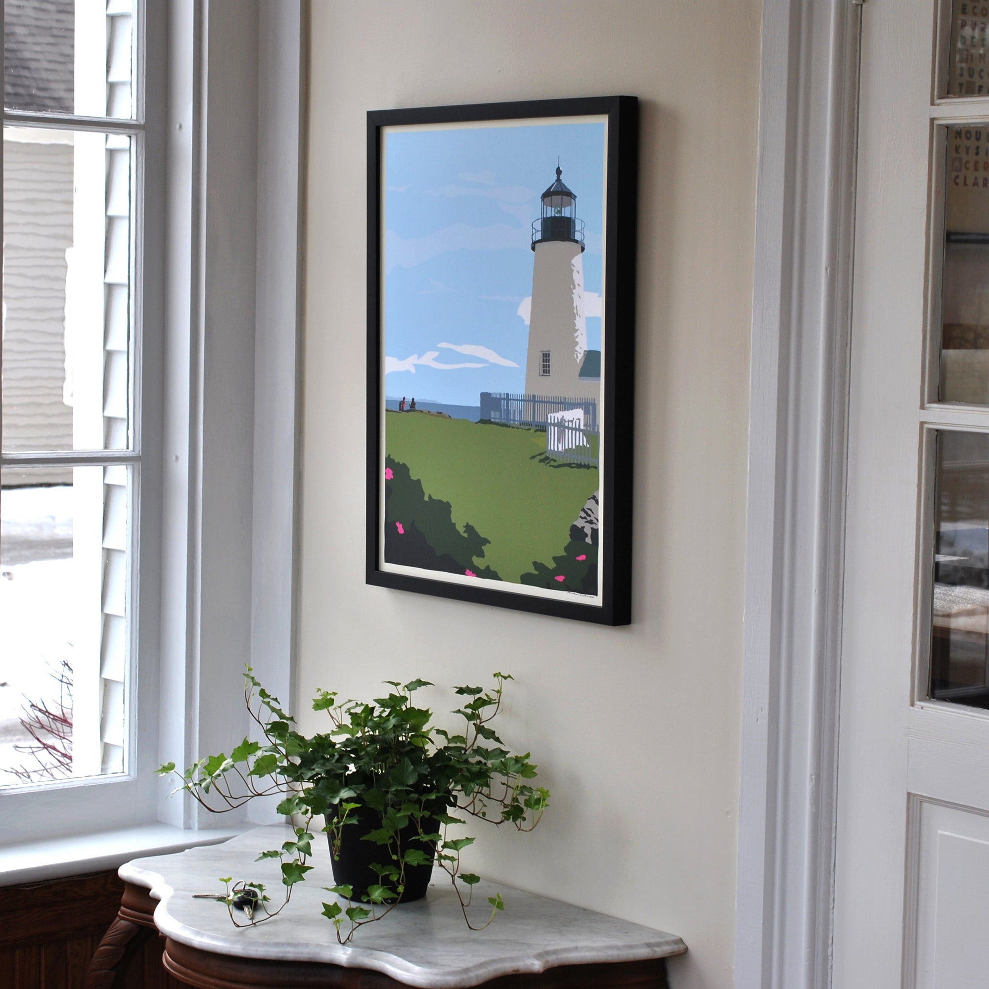 Pemaquid Point Light Hikers Art Print 18" x 24" Framed Wall Poster By Alan Claude - Maine