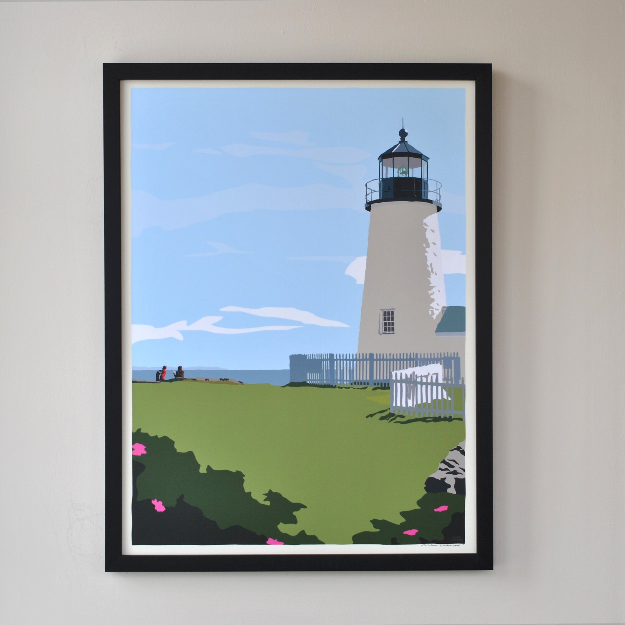 Pemaquid Point Light Hikers Art Print 18" x 24" Framed Wall Poster By Alan Claude - Maine