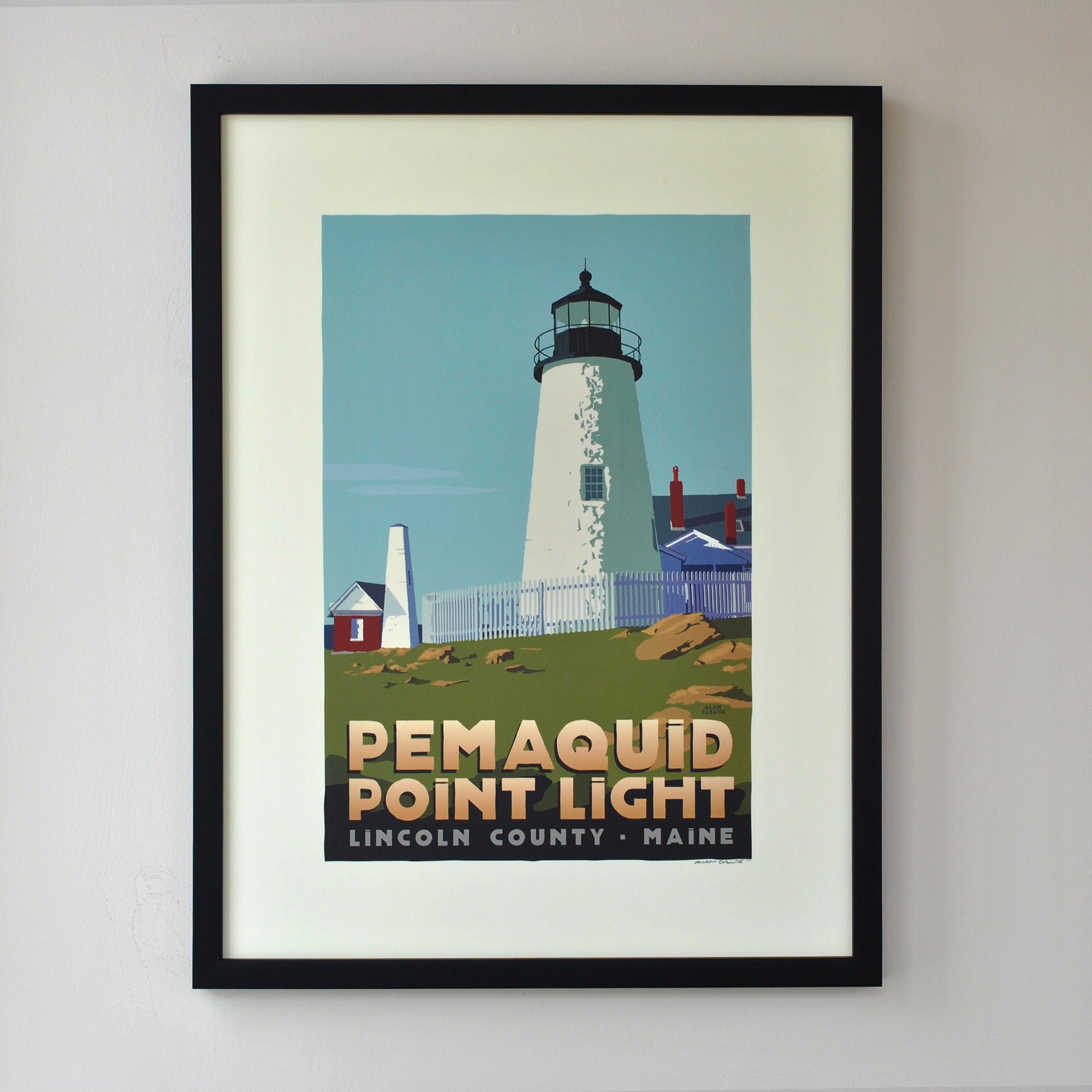 Pemaquid Point Light Art Print 18" x 24" Framed Travel Poster By Alan Claude - Maine