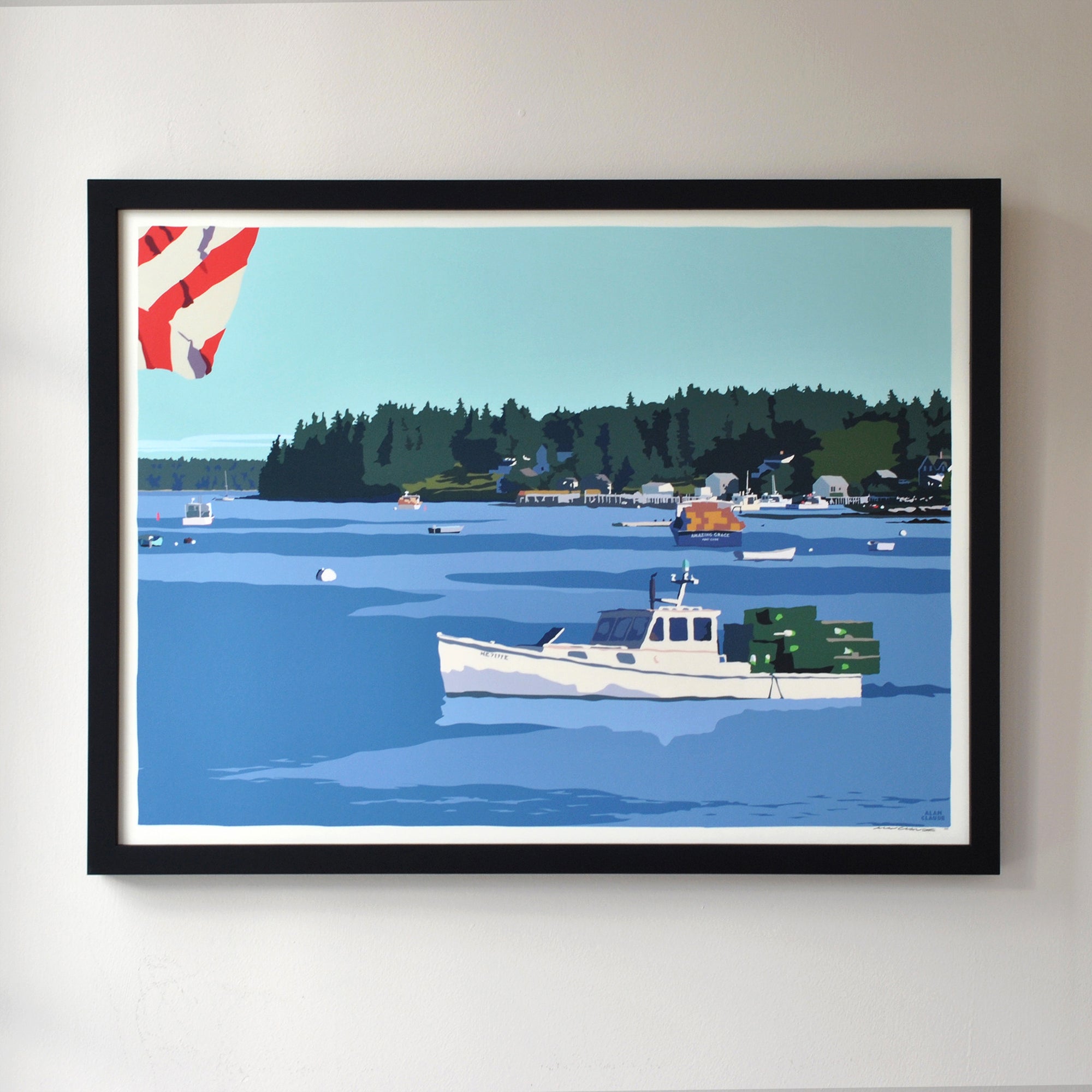 Port Clyde Lobster Boat Art Print 18" x 24" Horizontal Framed Wall Poster By Alan Claude - Maine
