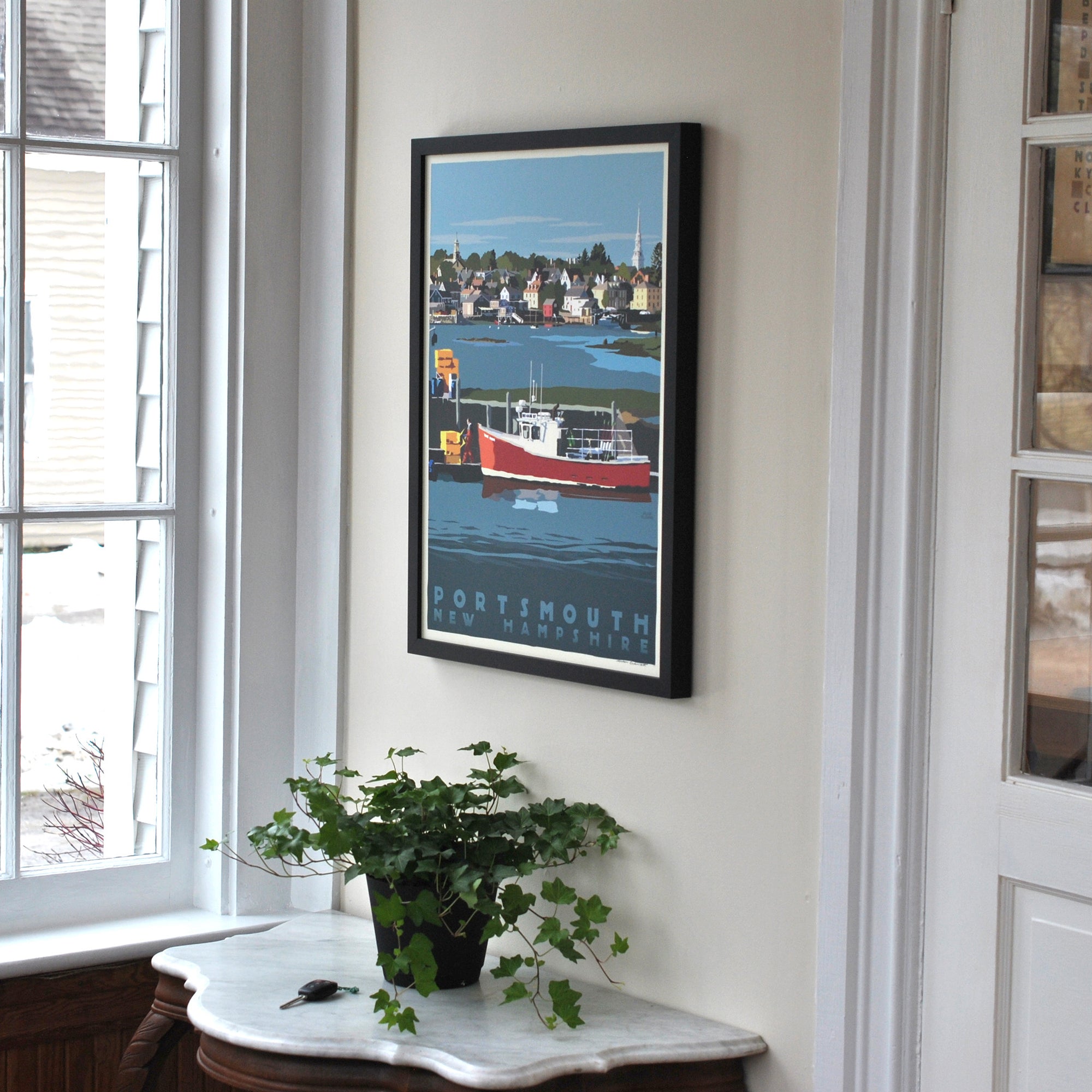 Portsmouth Lobster Boat Art Print 18" x 24" Framed Travel Poster By Alan Claude - New Hampshire