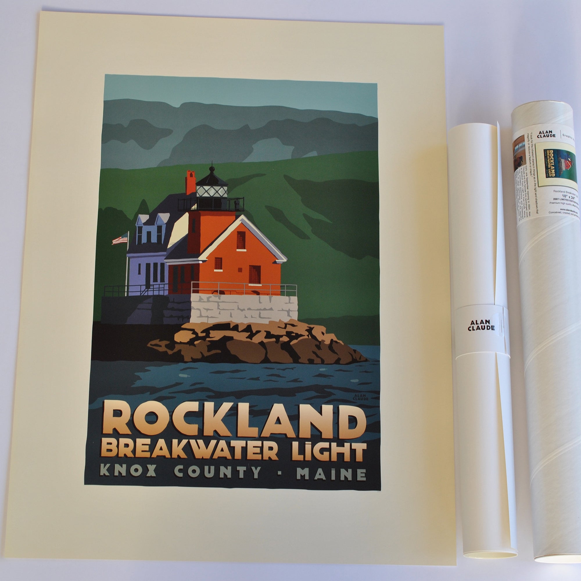 Rockland Breakwater Light Art Print 18" x 24" Travel Poster By Alan Claude - Maine