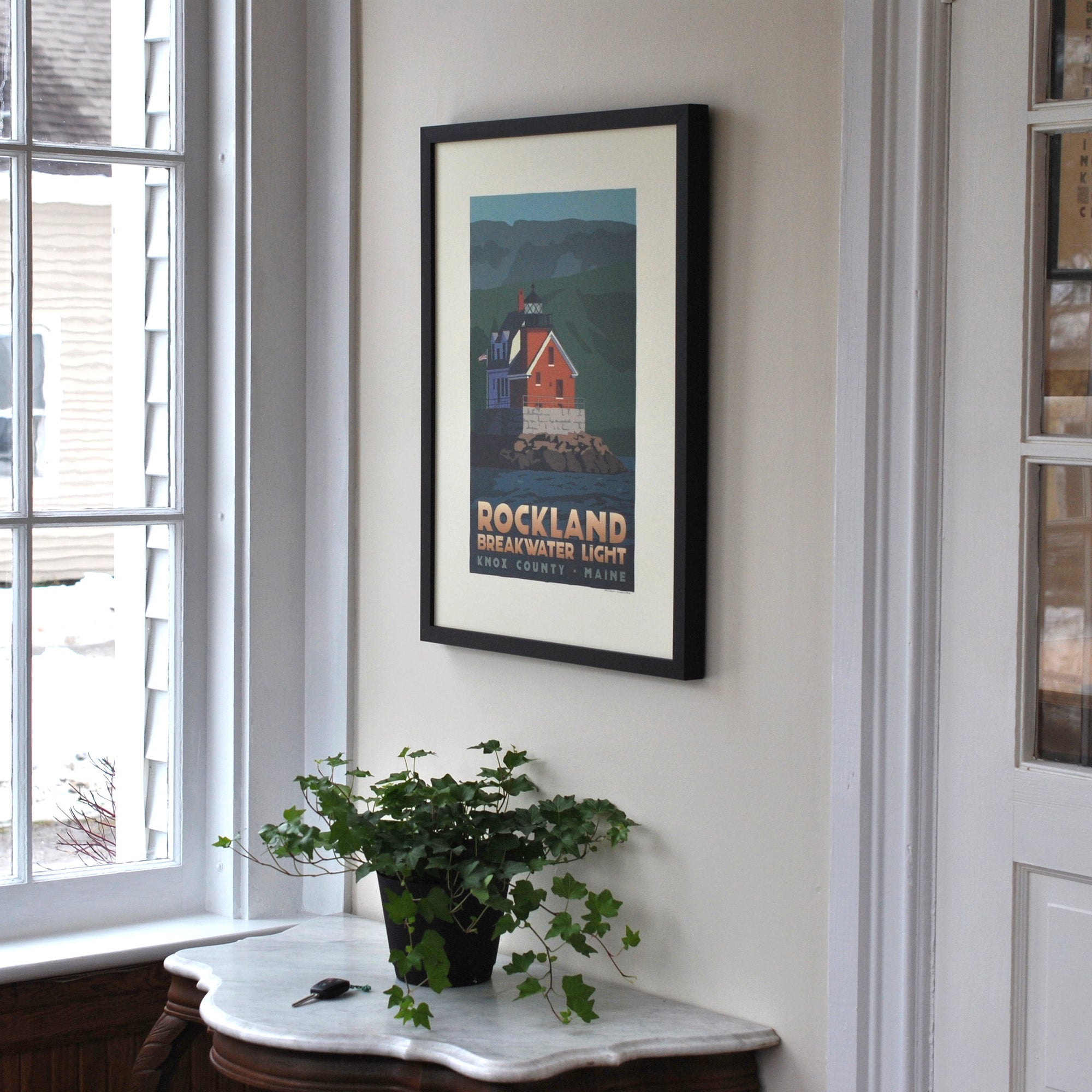 Rockland Breakwater Light Art Print 18" x 24" Framed Travel Poster By Alan Claude - Maine