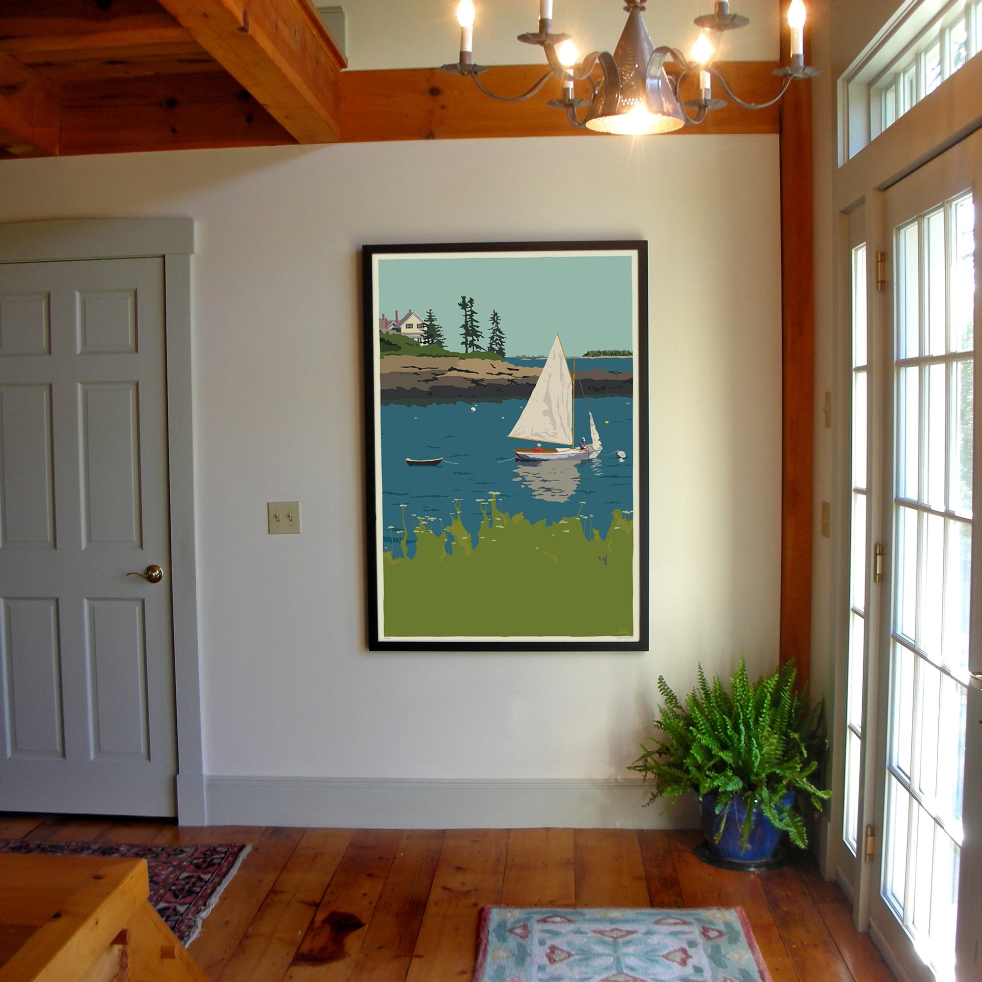 Sailing Long Cove Art Print 36" x 53" Framed Wall Poster By Alan Claude - Maine