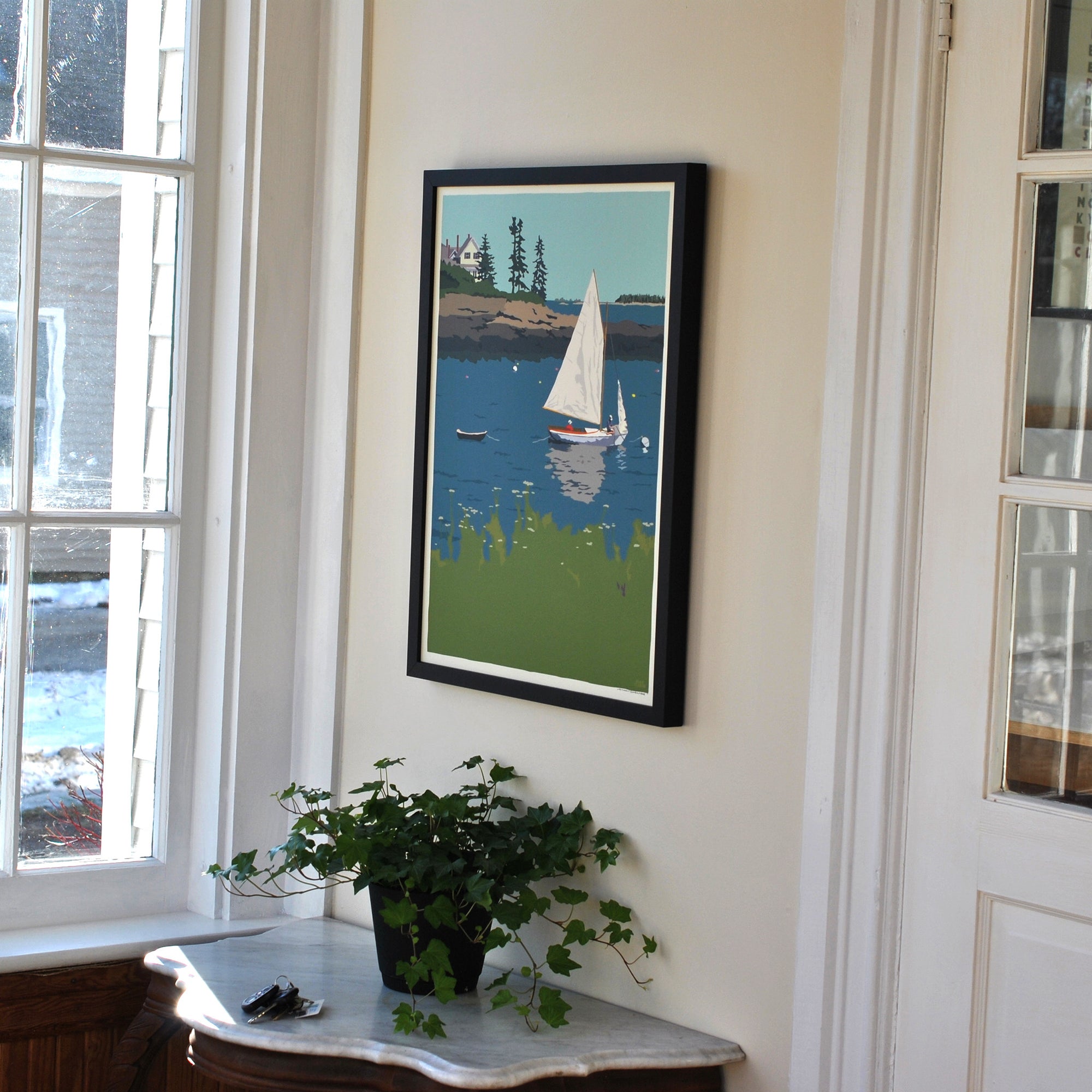 Sailing Long Cove Art Print 18" x 24" Framed Wall Poster By Alan Claude - Maine