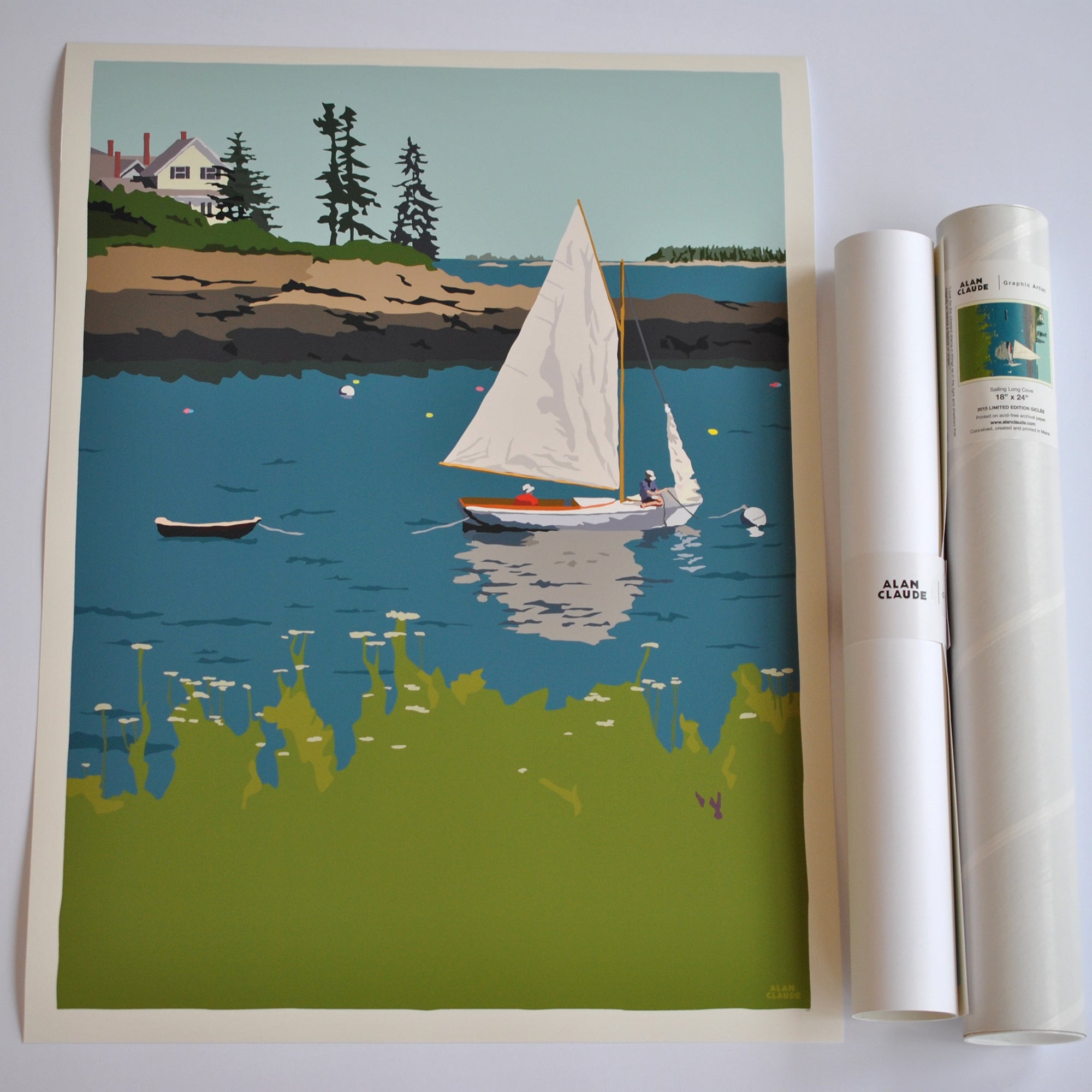 Sailing Long Cove Art Print 18" x 24" Wall Poster By Alan Claude - Maine