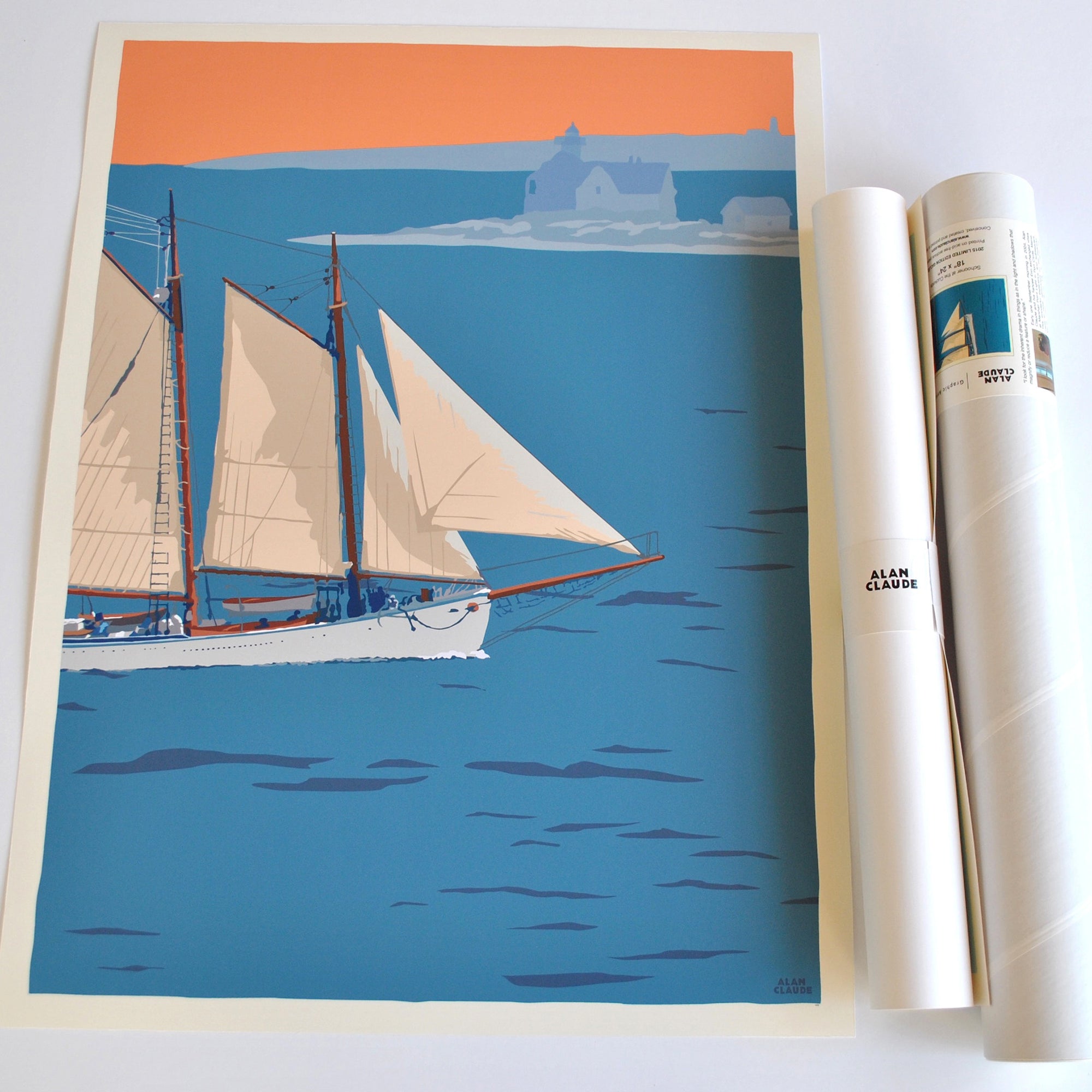 Schooner at the Cuckolds Art Print 18" x 24" Wall Poster By Alan Claude - Maine