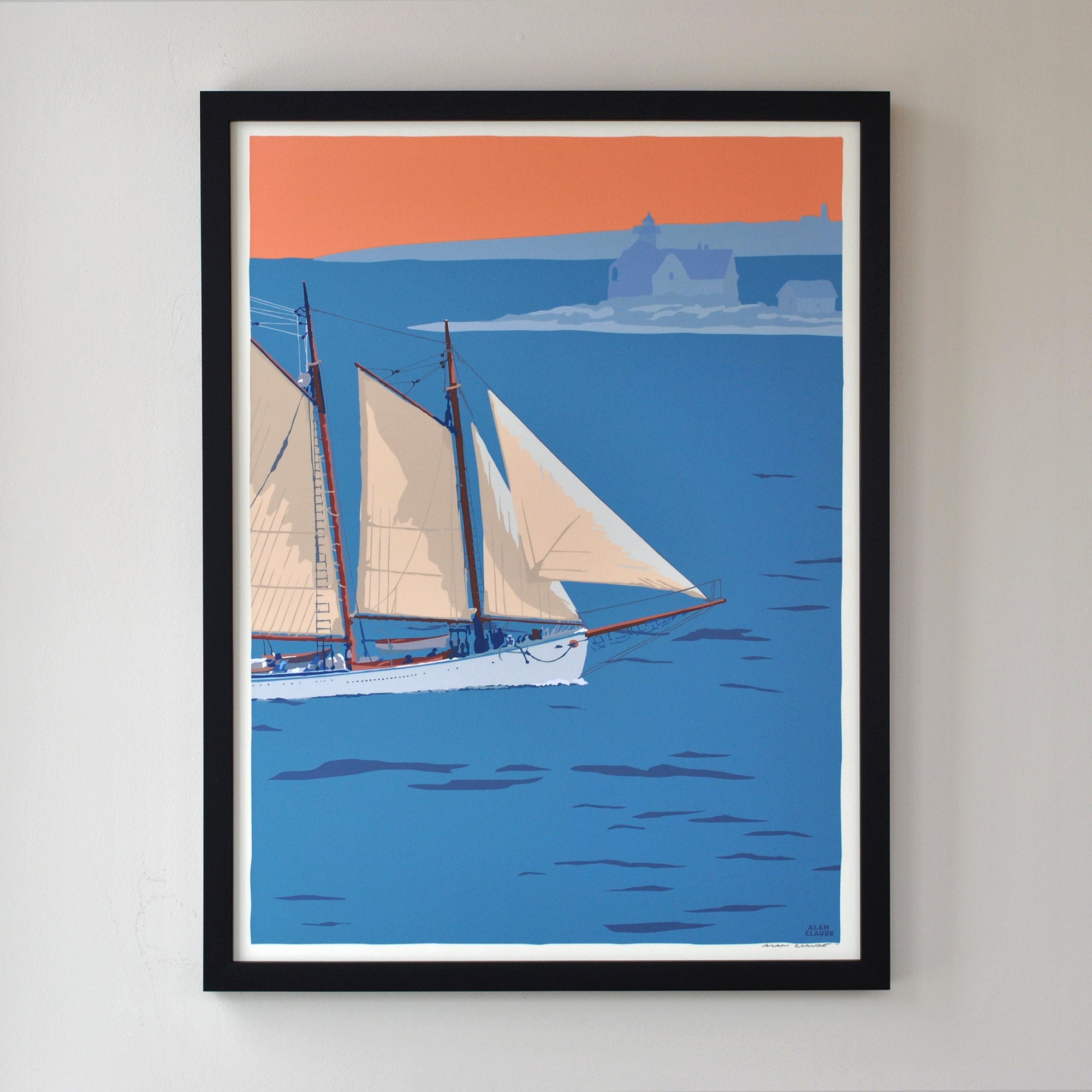 Schooner at the Cuckolds Art Print 18" x 24" Framed Wall Poster By Alan Claude - Maine