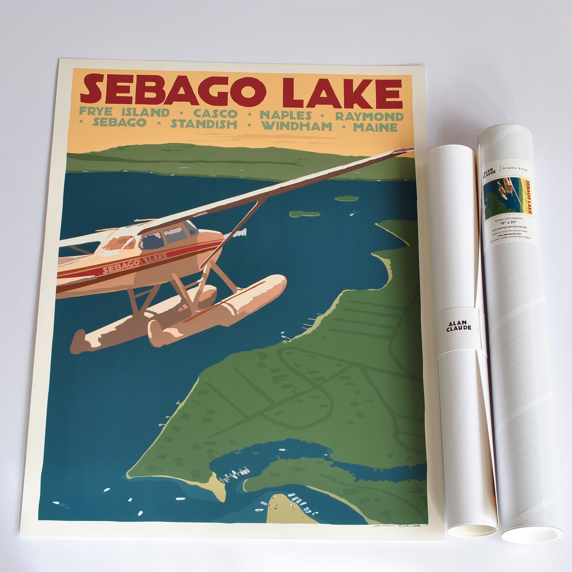 Sebago Lake Seaplane Art Print 18" x 24" Travel Poster By Alan Claude - Maine