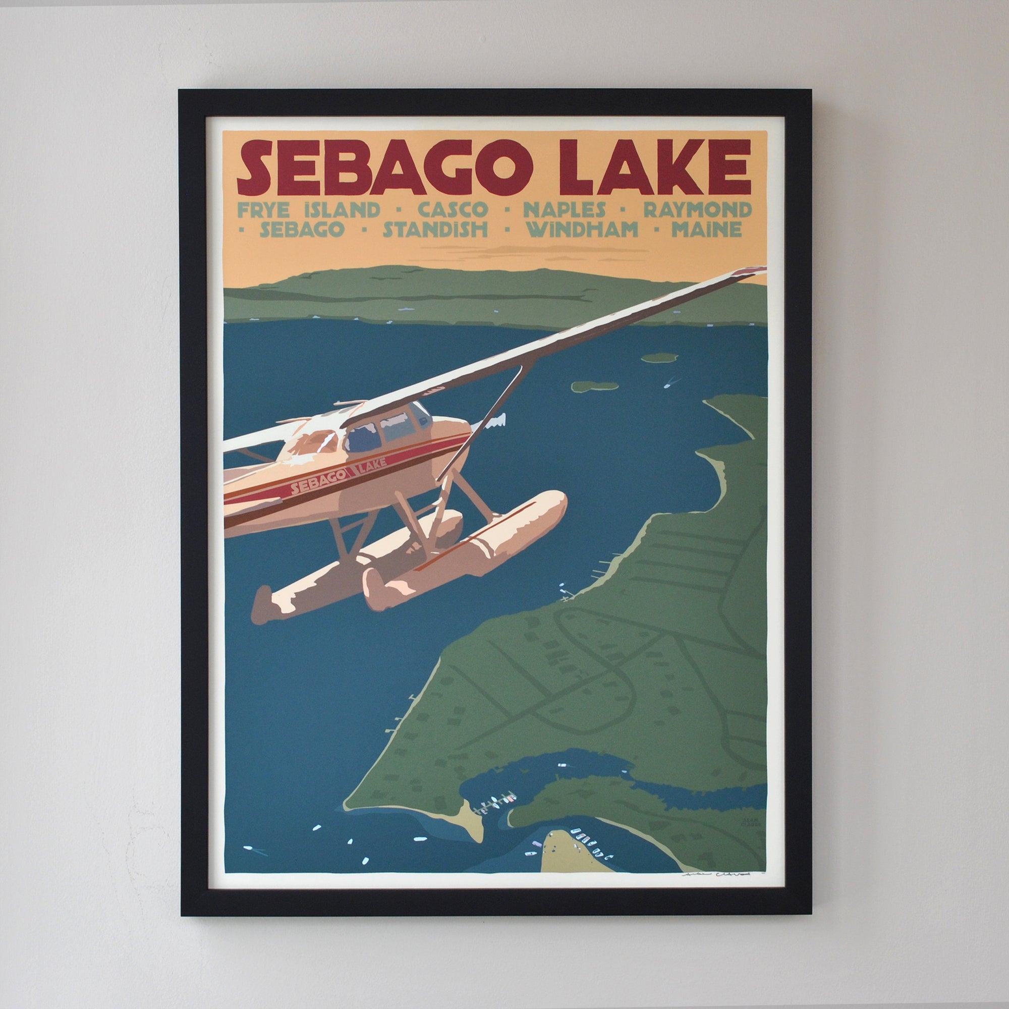 Sebago Lake Seaplane Art Print 18" x 24" Framed Travel Poster By Alan Claude - Maine