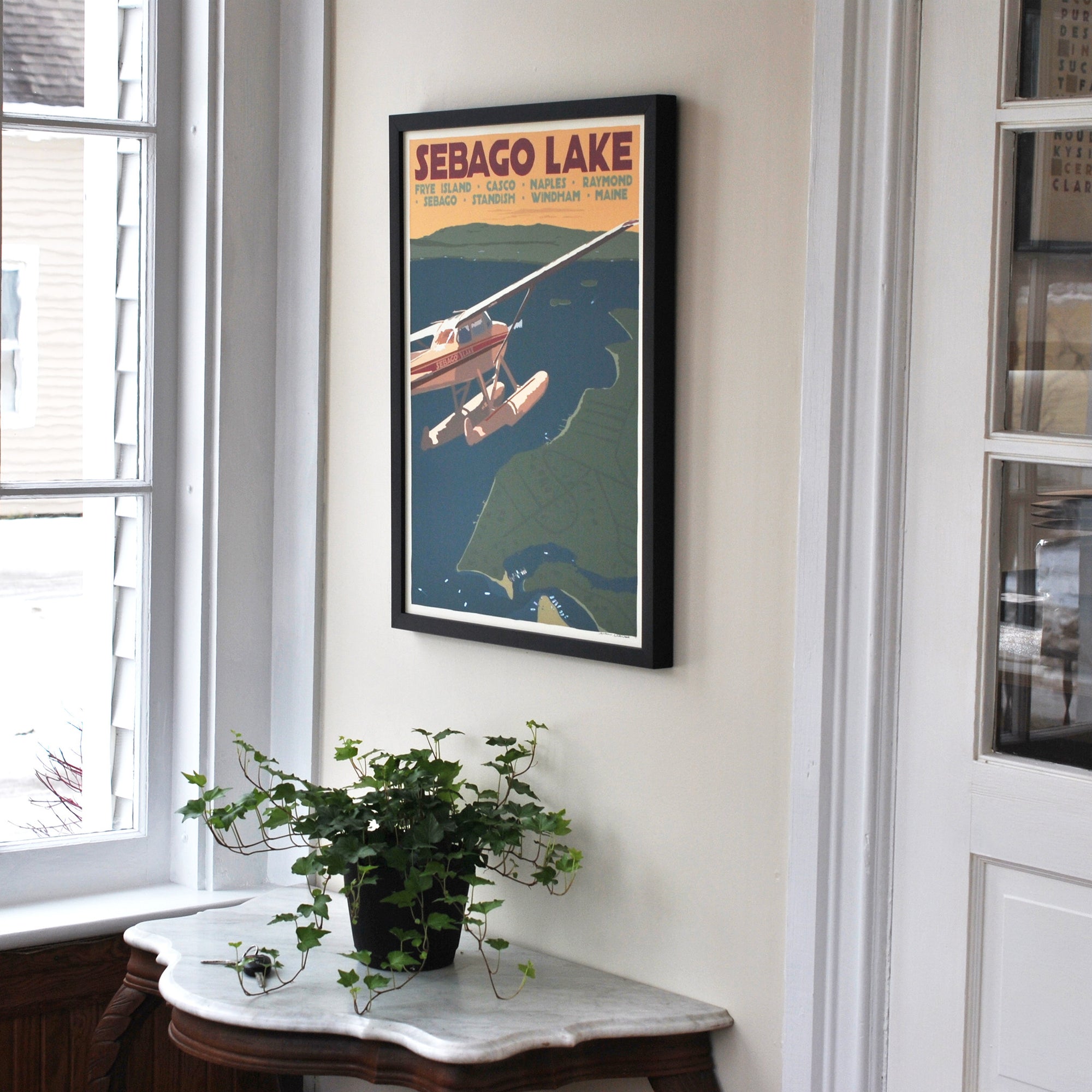 Sebago Lake Seaplane Art Print 18" x 24" Framed Travel Poster By Alan Claude - Maine