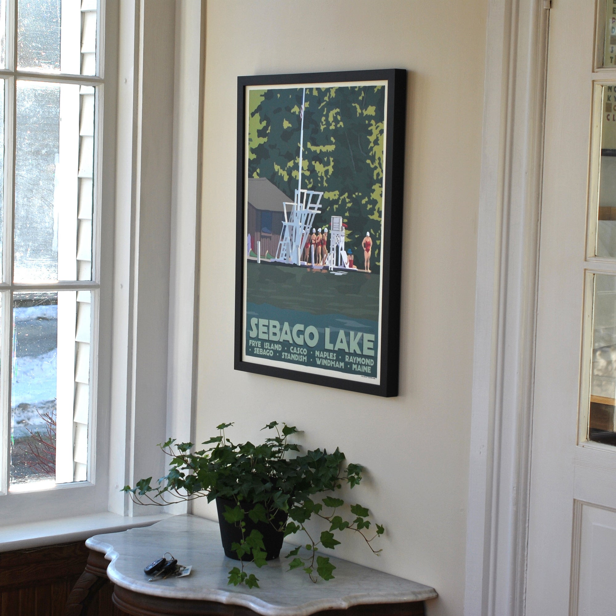 Sebago Lake Swimmers Art Print 18" x 24" Vertical Framed Travel Poster By Alan Claude - Maine