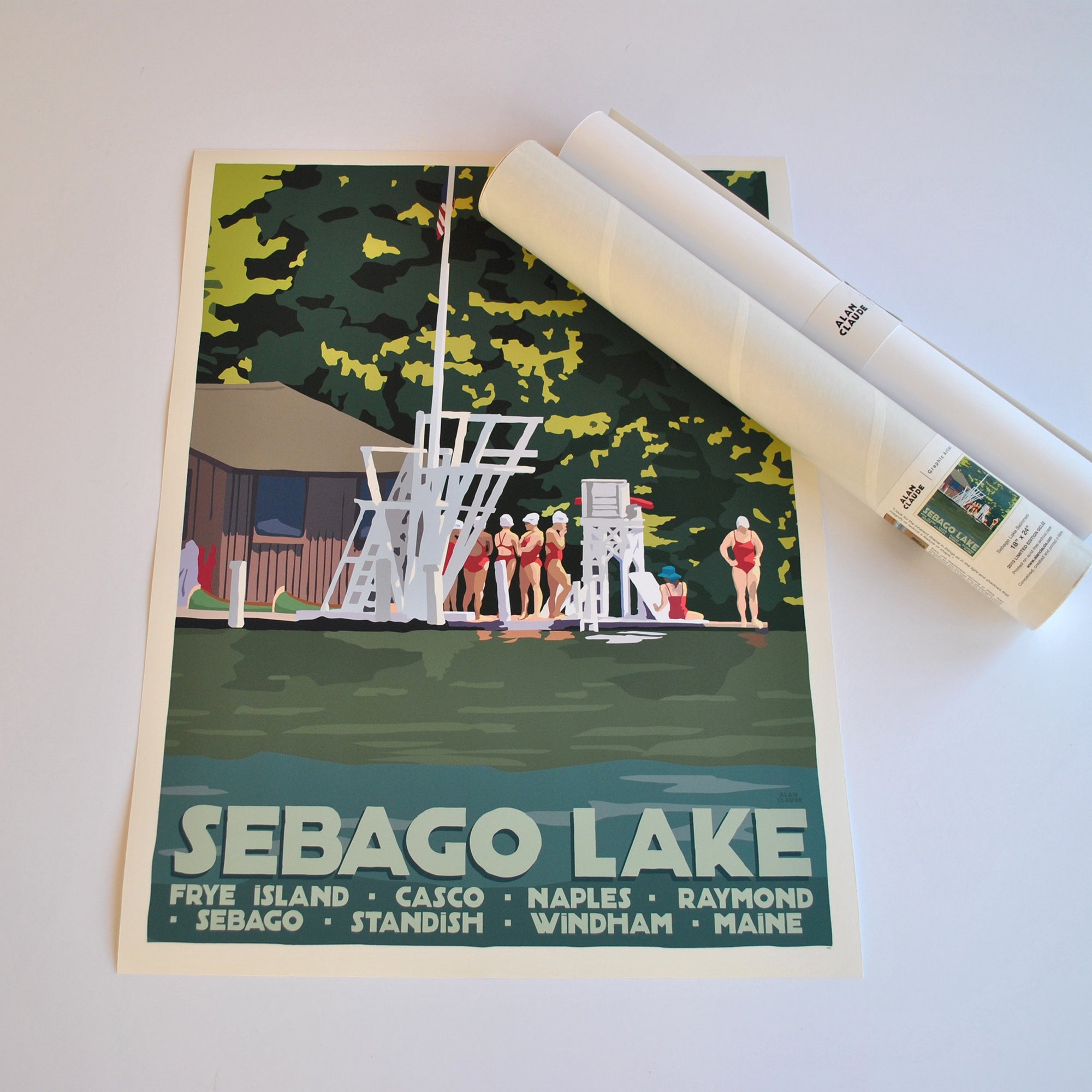 Sebago Lake Swimmers Art Print 18" x 24" Travel Poster By Alan Claude - Maine