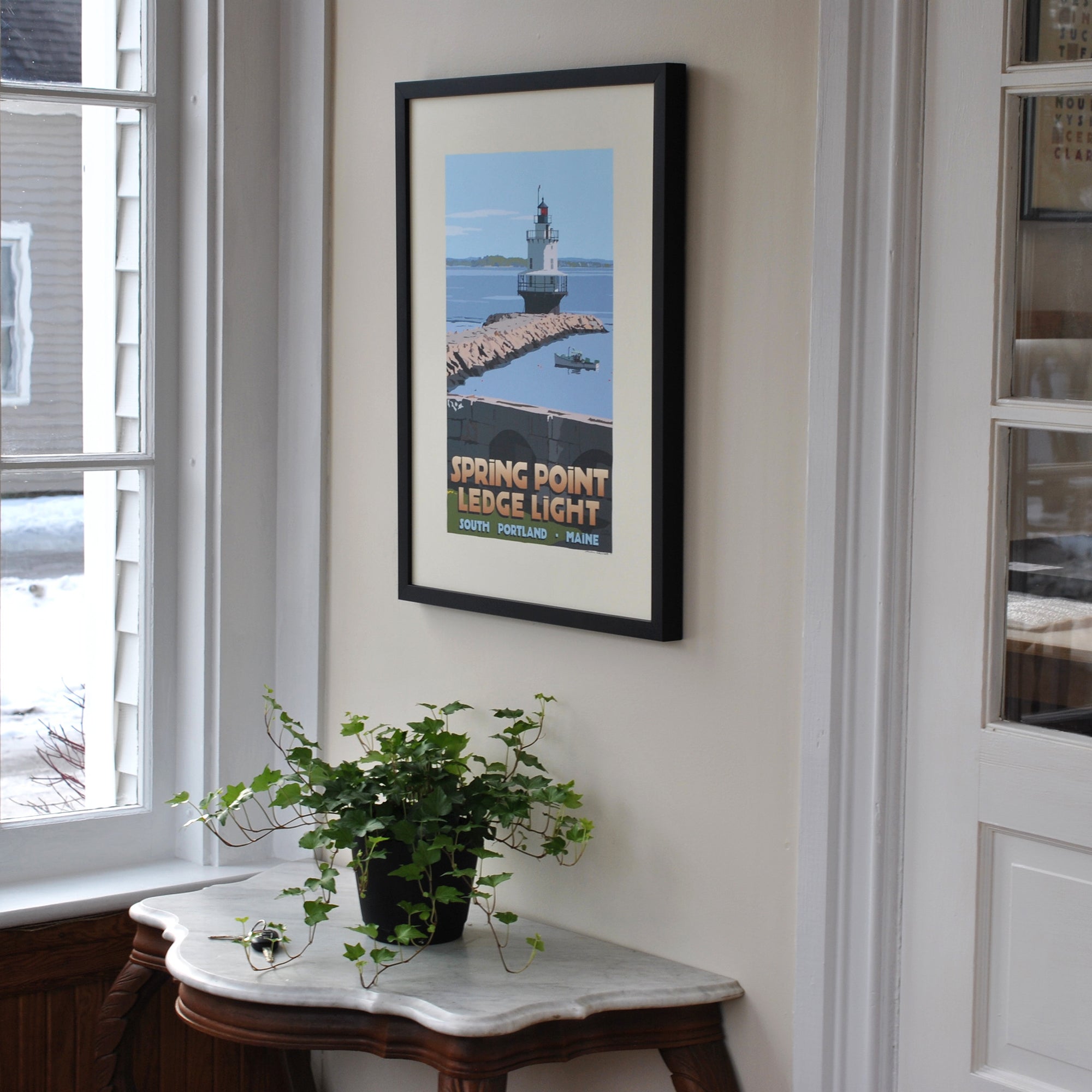 Spring Point Ledge Light Art Print 18" x 24" Framed Travel Poster By Alan Claude - Maine
