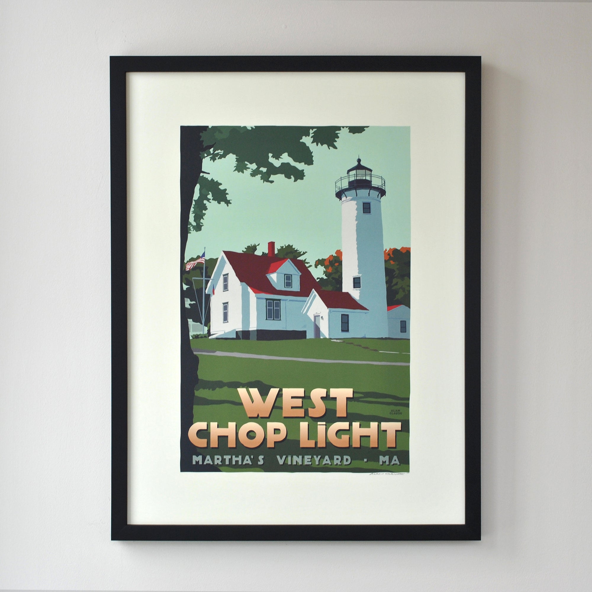 West Chop Light Art Print 18" x 24" Framed Travel Poster By Alan Claude - Massachusetts