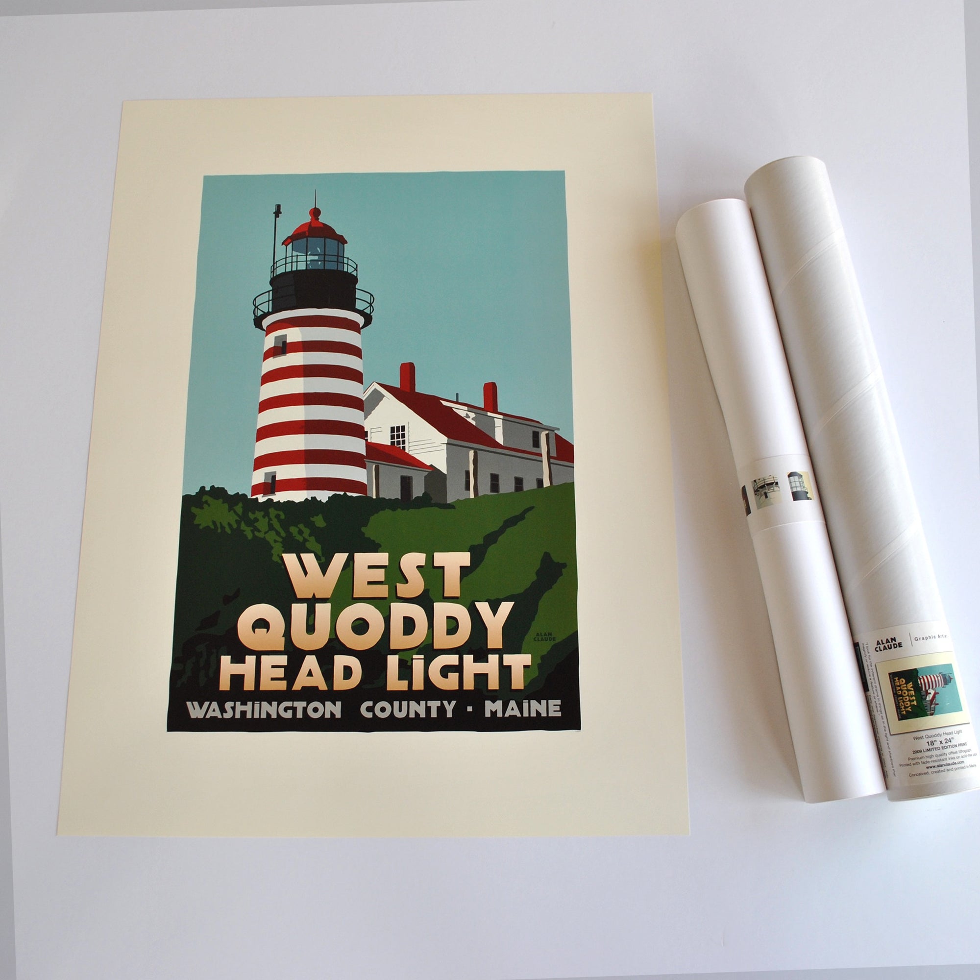 West Quoddy Head Light Art Print 18" x 24" Travel Poster By Alan Claude - Maine