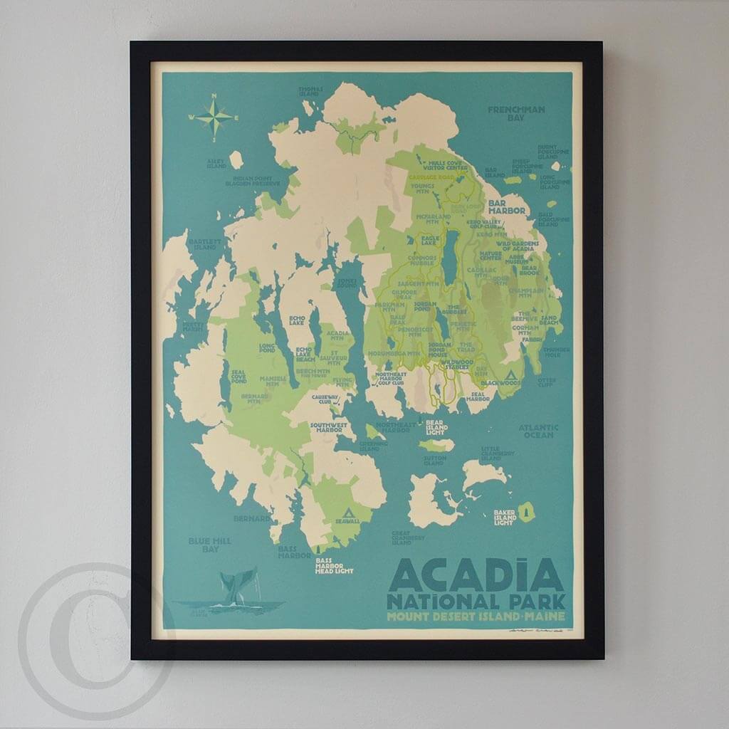 Acadia National Park Map Art Print 18" x 24" Framed Travel Poster By Alan Claude - Maine