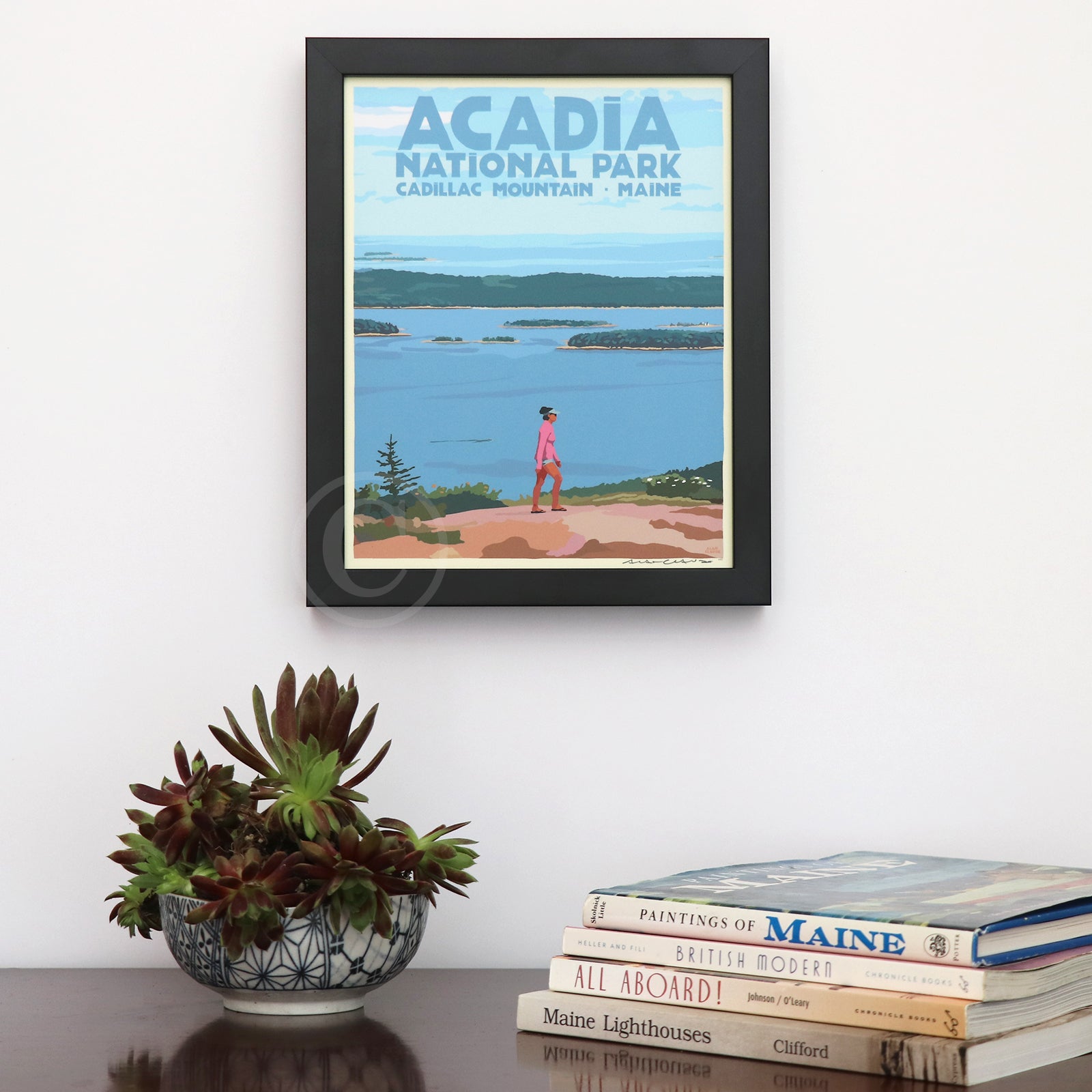 Bec's Walk on Cadillac Mountain Art Print 8" x 10" Framed Travel Poster By Alan Claude - Maine