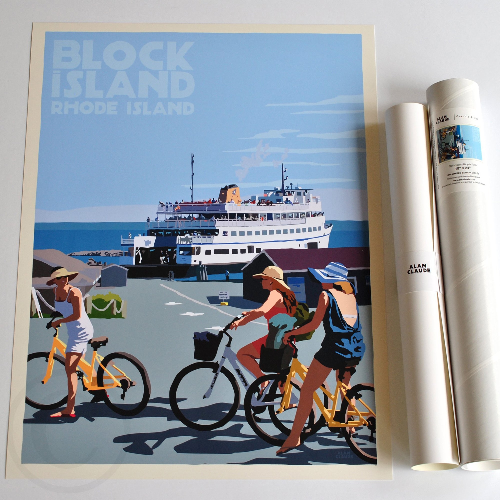 Block Island Bicycle Girls Art Print 18" x 24" Travel Poster By Alan Claude - Rhode Island