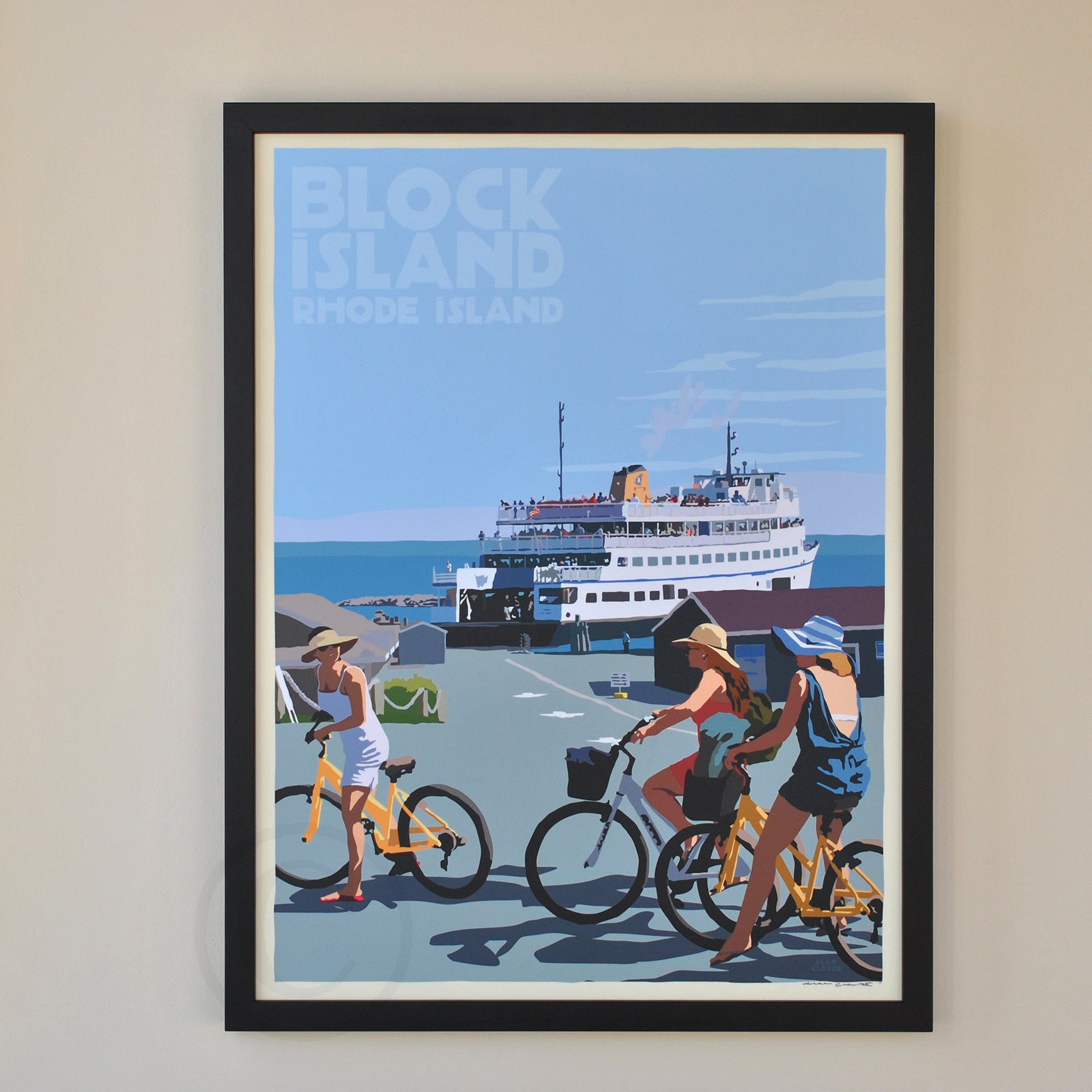 Block Island Bicycle Girls Art Print 18" x 24" Framed Travel Poster By Alan Claude - Rhode Island
