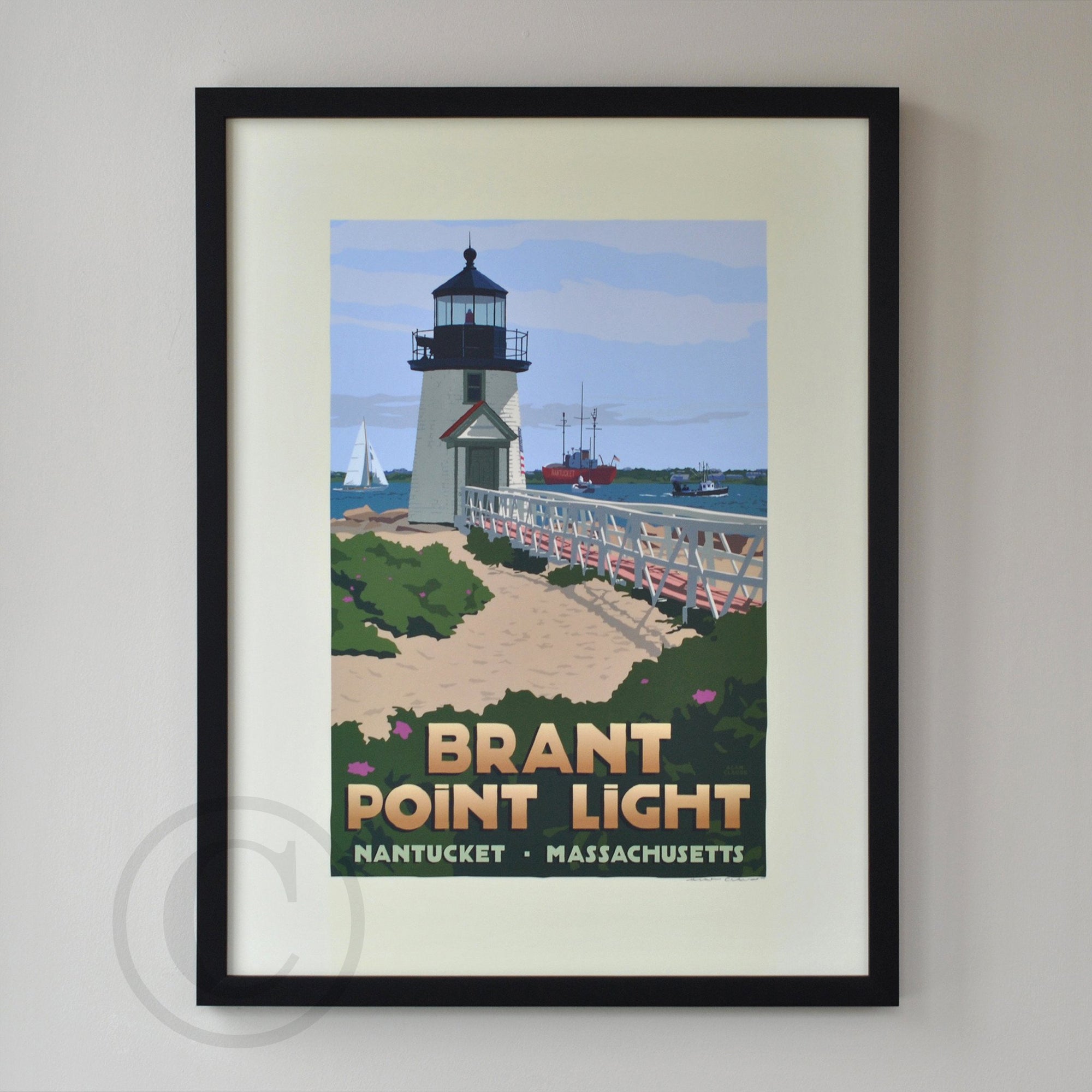 Brant Point Light Art Print 18" x 24" Framed Travel Poster By Alan Claude - Massachusetts