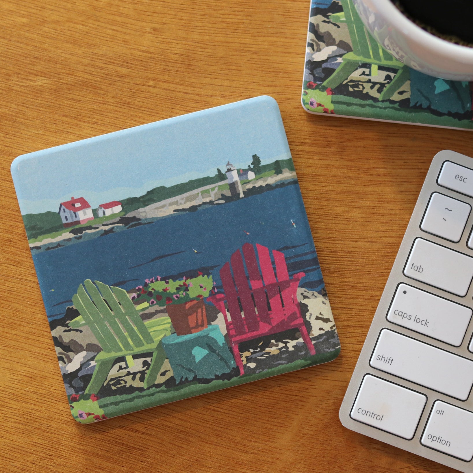 Chairs Overlooking Ram Island Art Drink Coaster - Maine