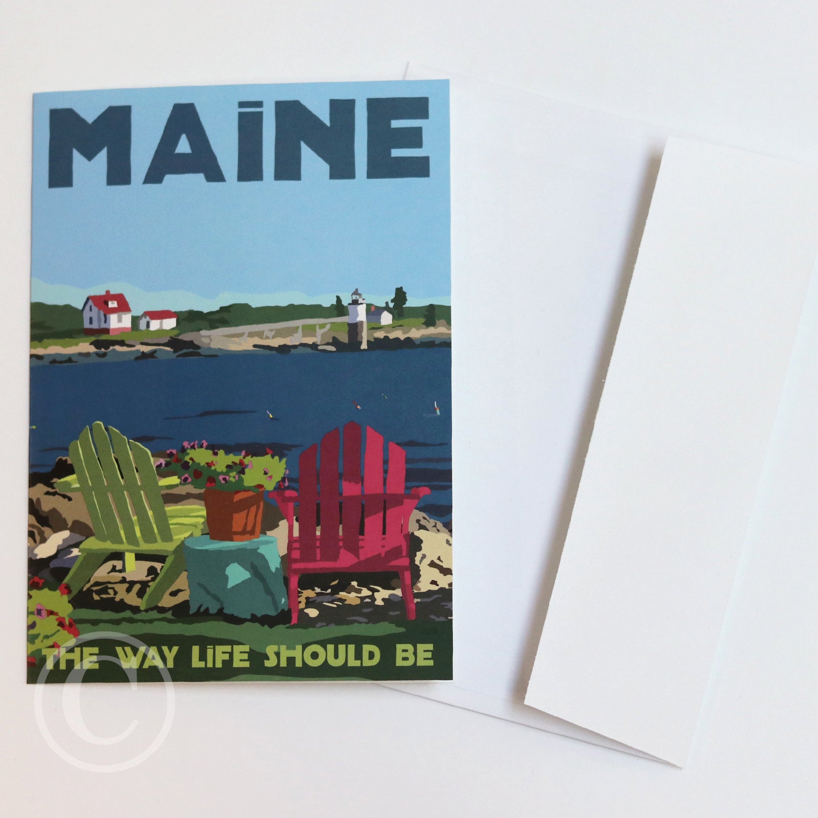 Chairs Overlooking Ram Island with Maine Travel 5" x 7" Notecard - Maine