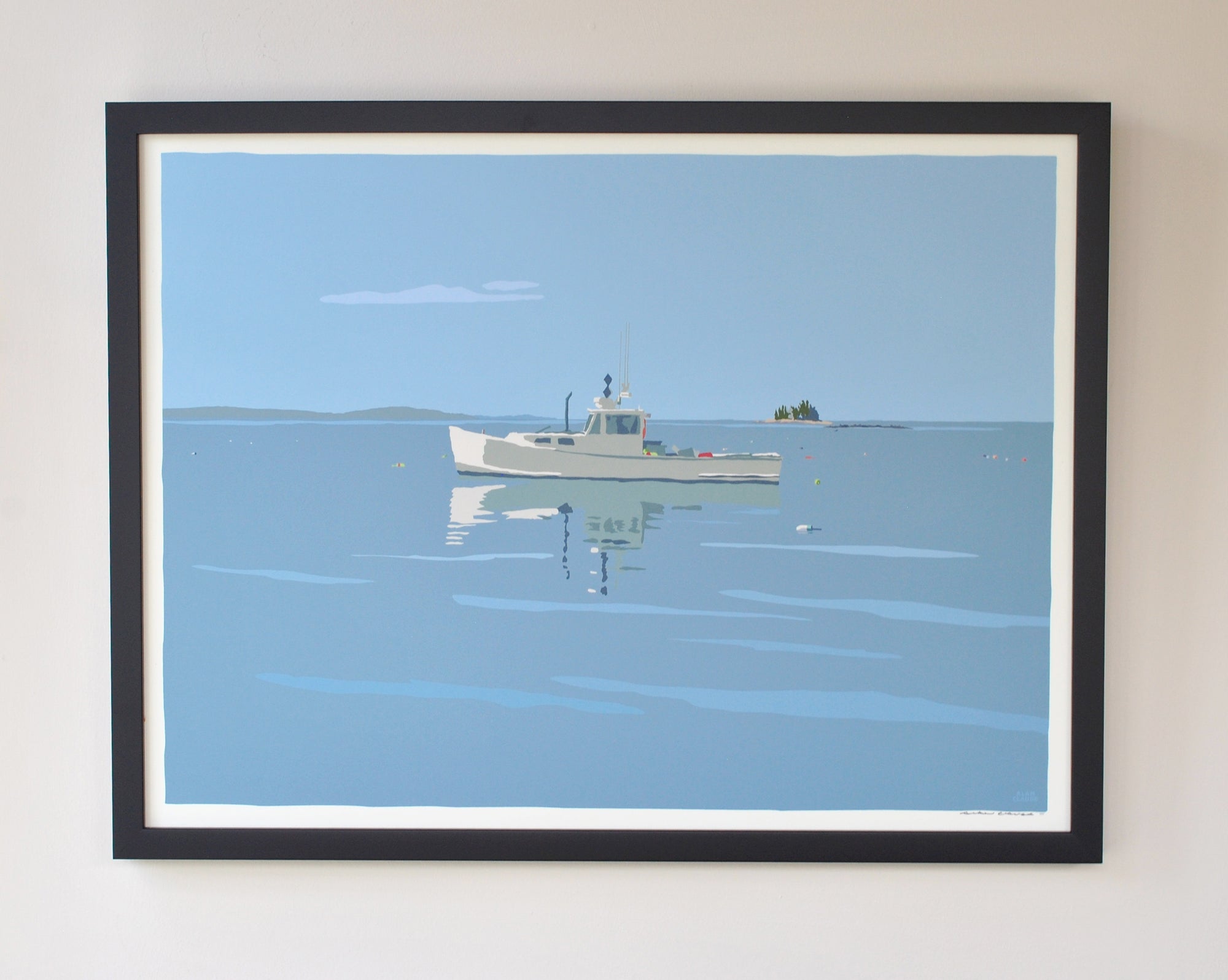 Tranquility Lobster Boat Art Print 18" x 24" Horizontal Framed Wall Poster By Alan Claude - Maine