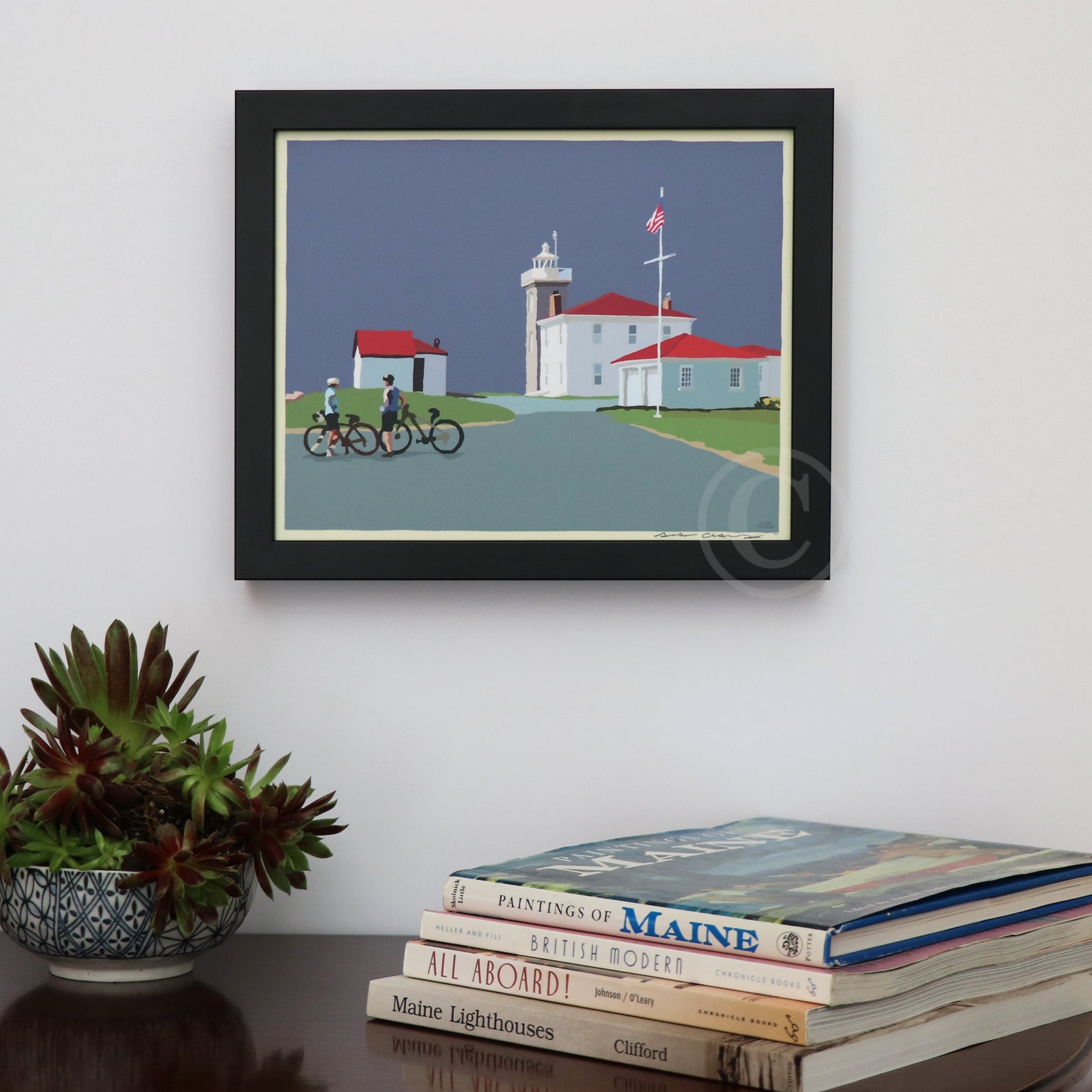 Cyclists at Watch Hill Lighthouse Art Print 8" x 10" Horizontal Framed Wall Poster By Alan Claude - Rhode Island