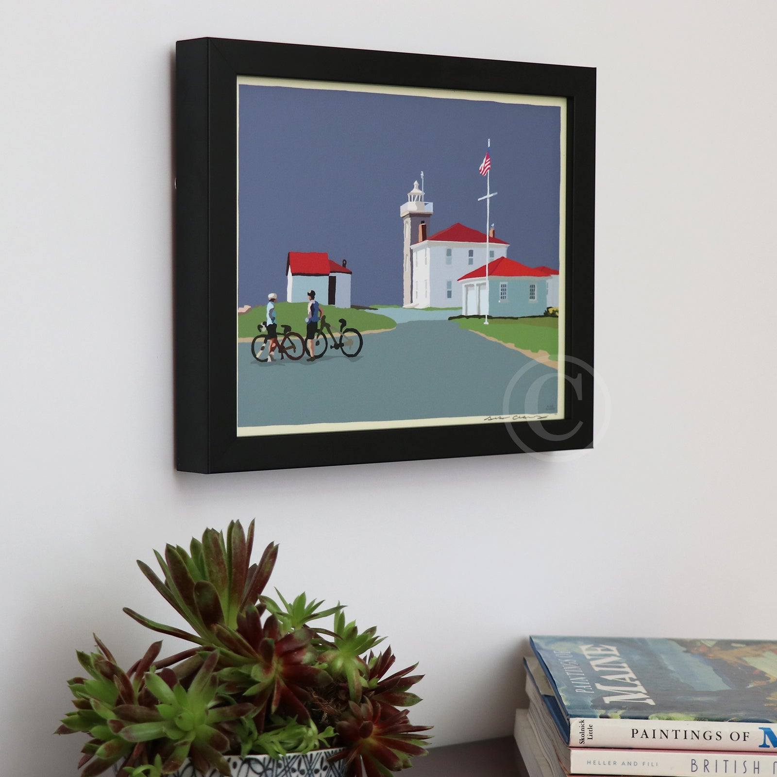 Cyclists at Watch Hill Lighthouse Art Print 8" x 10" Horizontal Framed Wall Poster By Alan Claude - Rhode Island