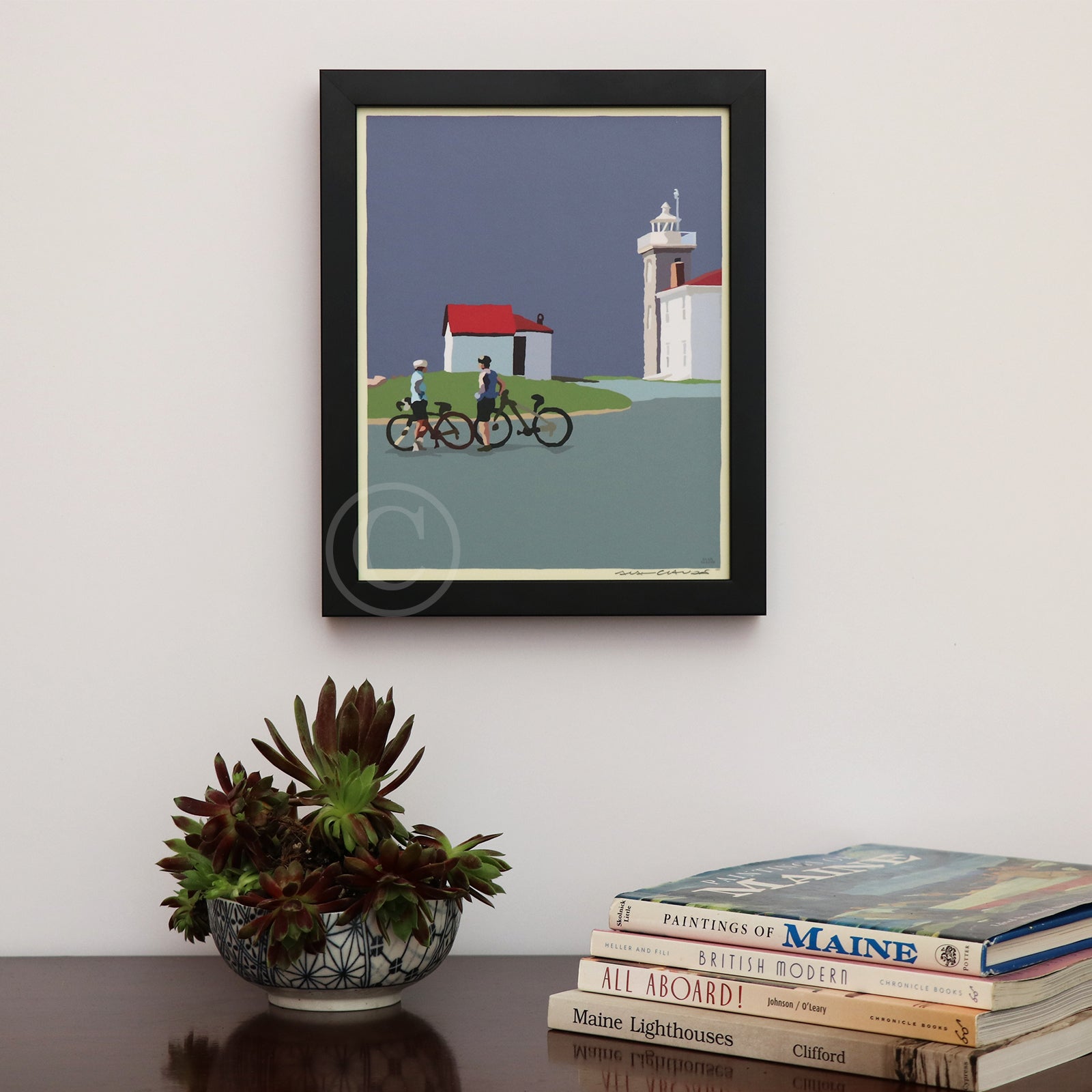 Cyclists at Watch Hill Lighthouse Art Print 8" x 10" Vertical Framed Wall Poster By Alan Claude - Rhode Island
