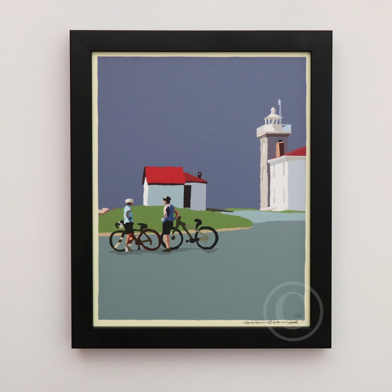Cyclists at Watch Hill Lighthouse Art Print 8" x 10" Vertical Framed Wall Poster By Alan Claude - Rhode Island