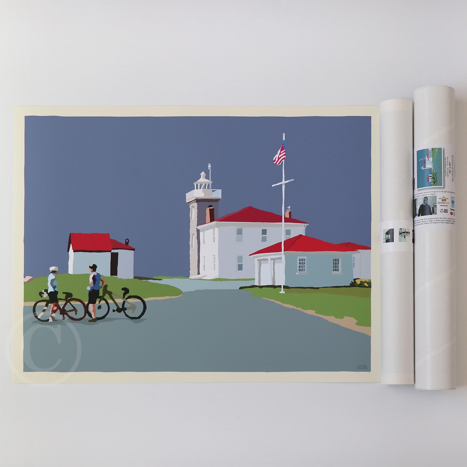 Cyclists at Watch Hill Lighthouse Art Print 18" x 24" Horizontal Wall Poster By Alan Claude - Rhode Island