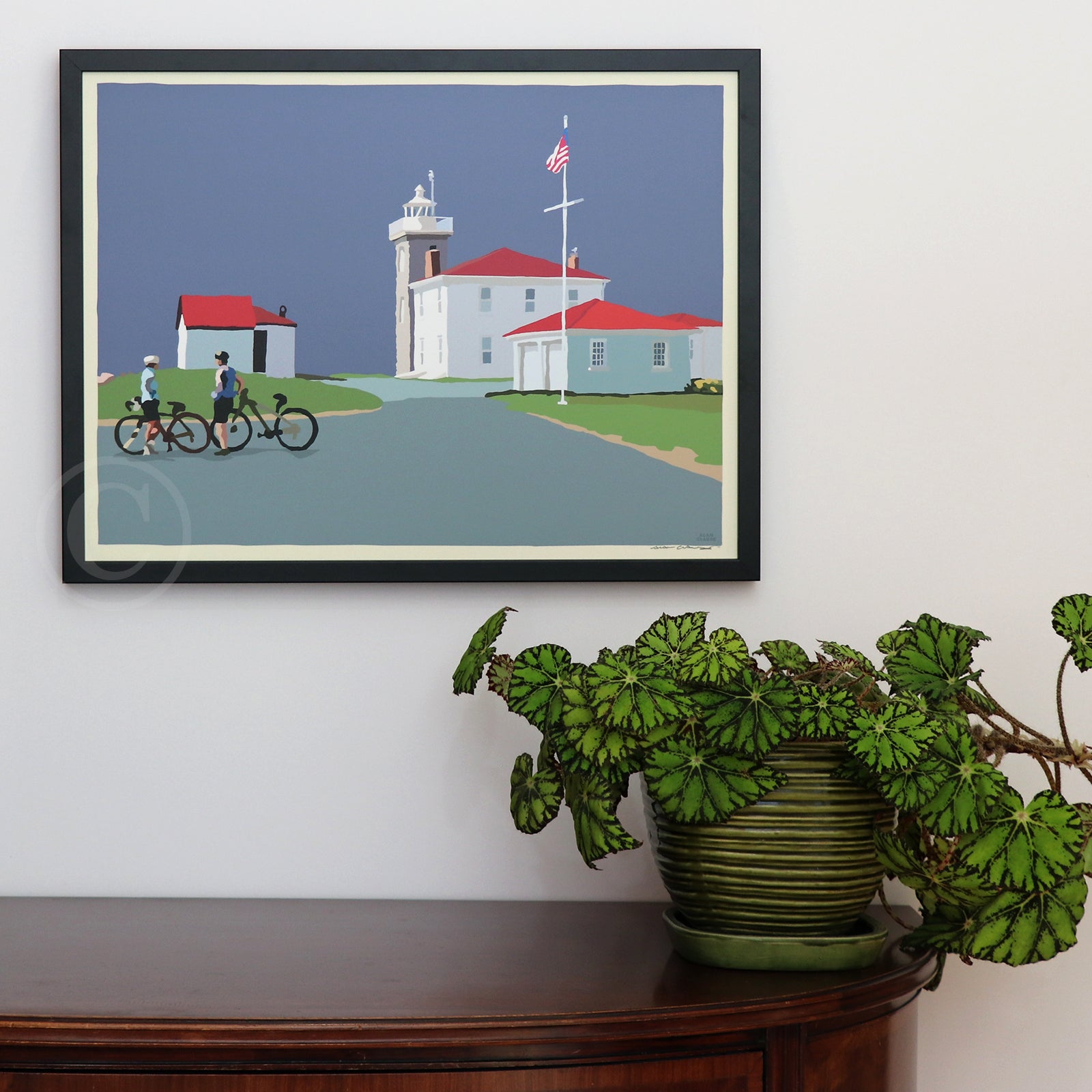 Cyclists at Watch Hill Lighthouse Art Print 18" x 24" Horizontal Framed Wall Poster By Alan Claude - Rhode Island