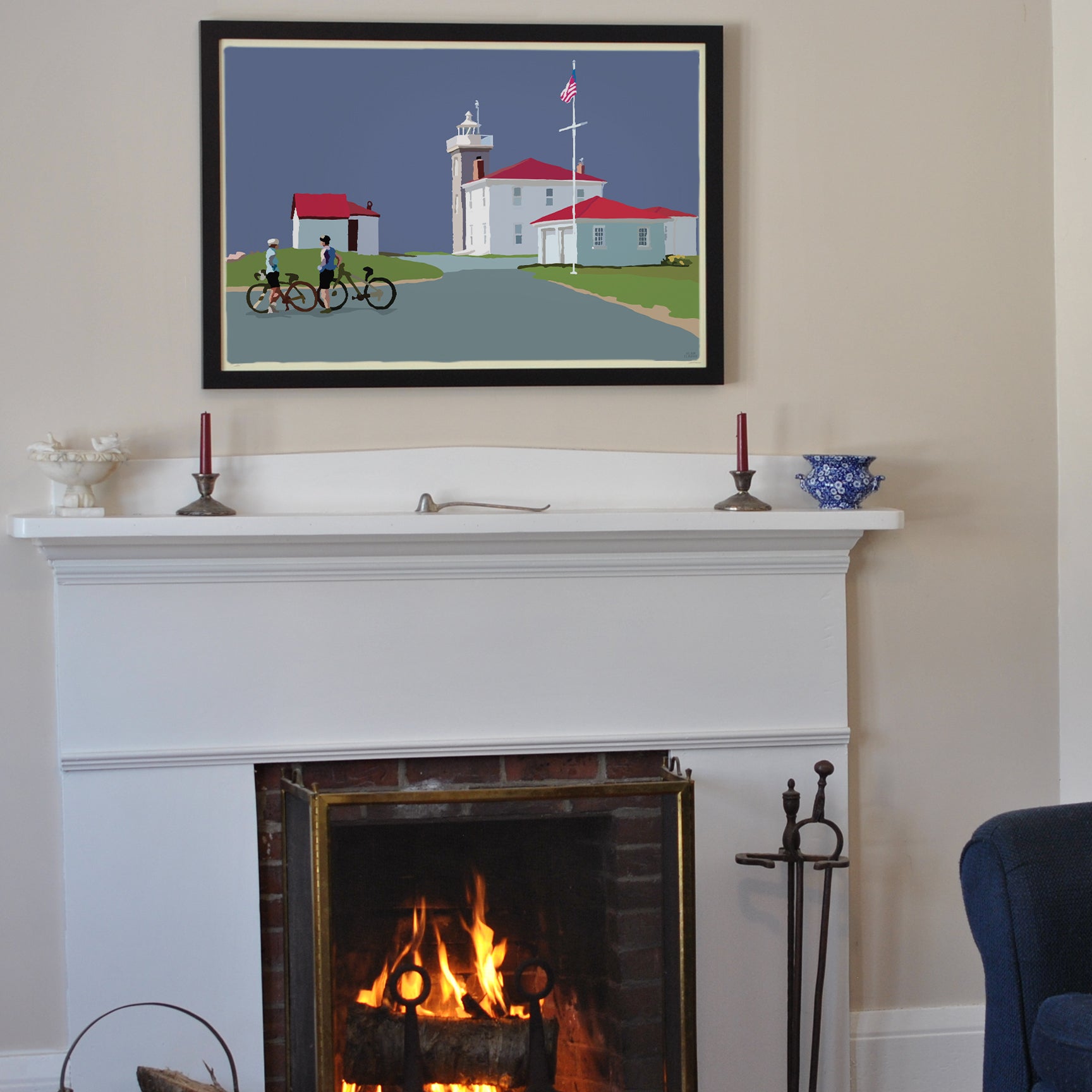 Cyclists at Watch Hill Lighthouse Art Print 24" x 36" Horizontal Framed Wall Poster By Alan Claude - Rhode Island