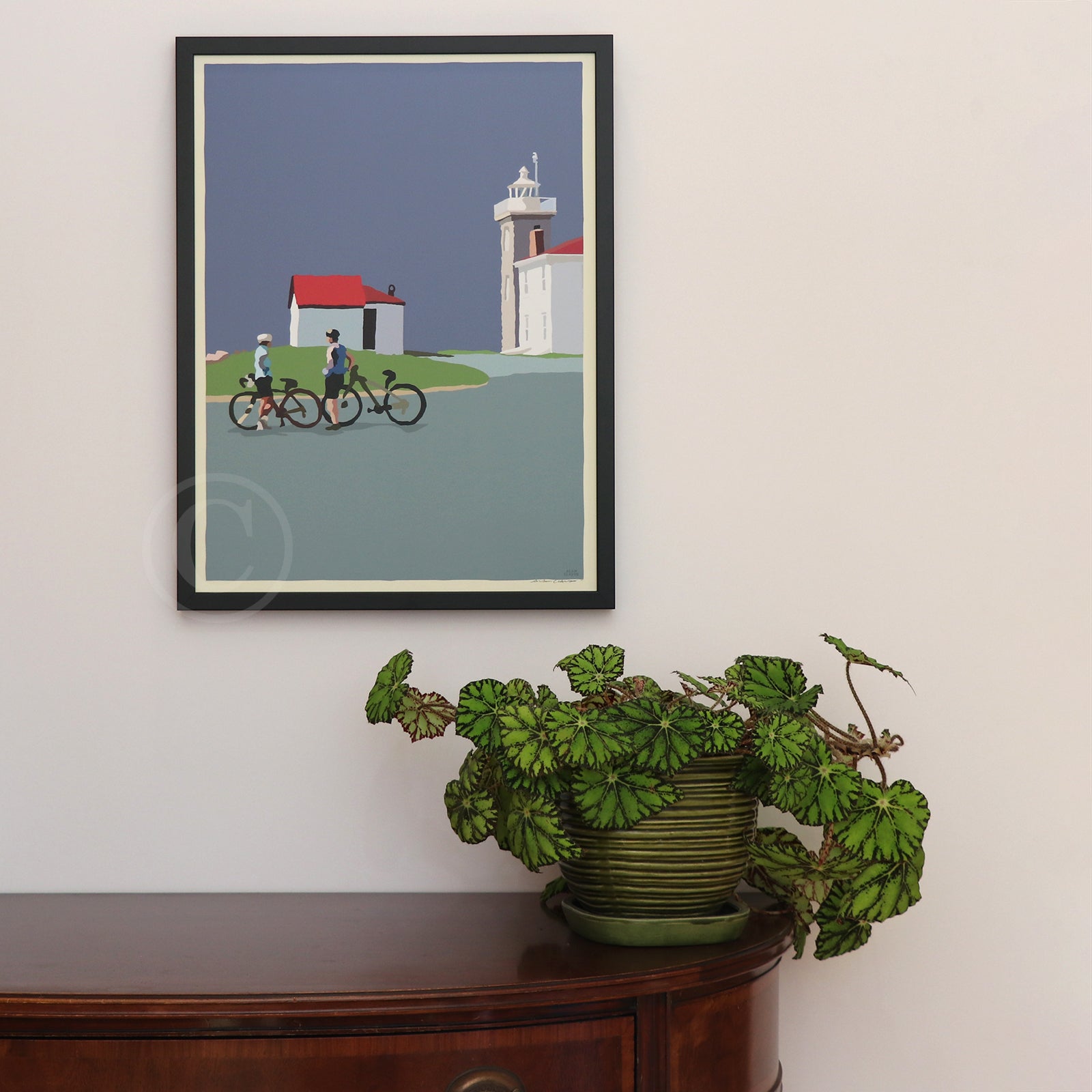Cyclists at Watch Hill Lighthouse Art Print 18" x 24" Vertical Framed Wall Poster By Alan Claude - Rhode Island