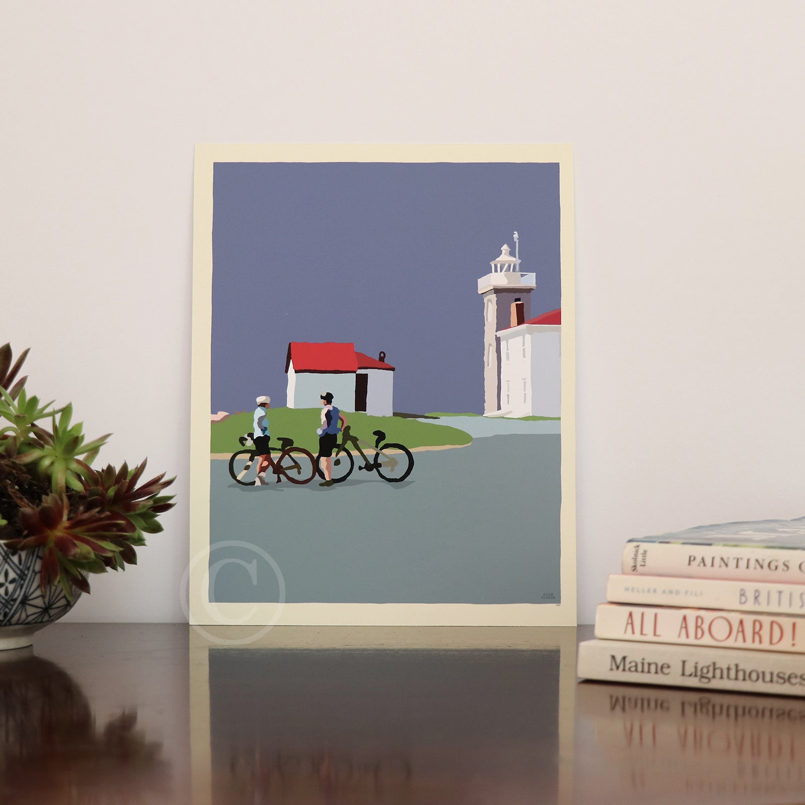 Cyclists at Watch Hill Lighthouse Art Print 8" x 10" Vertical Wall Poster By Alan Claude - Rhode Island