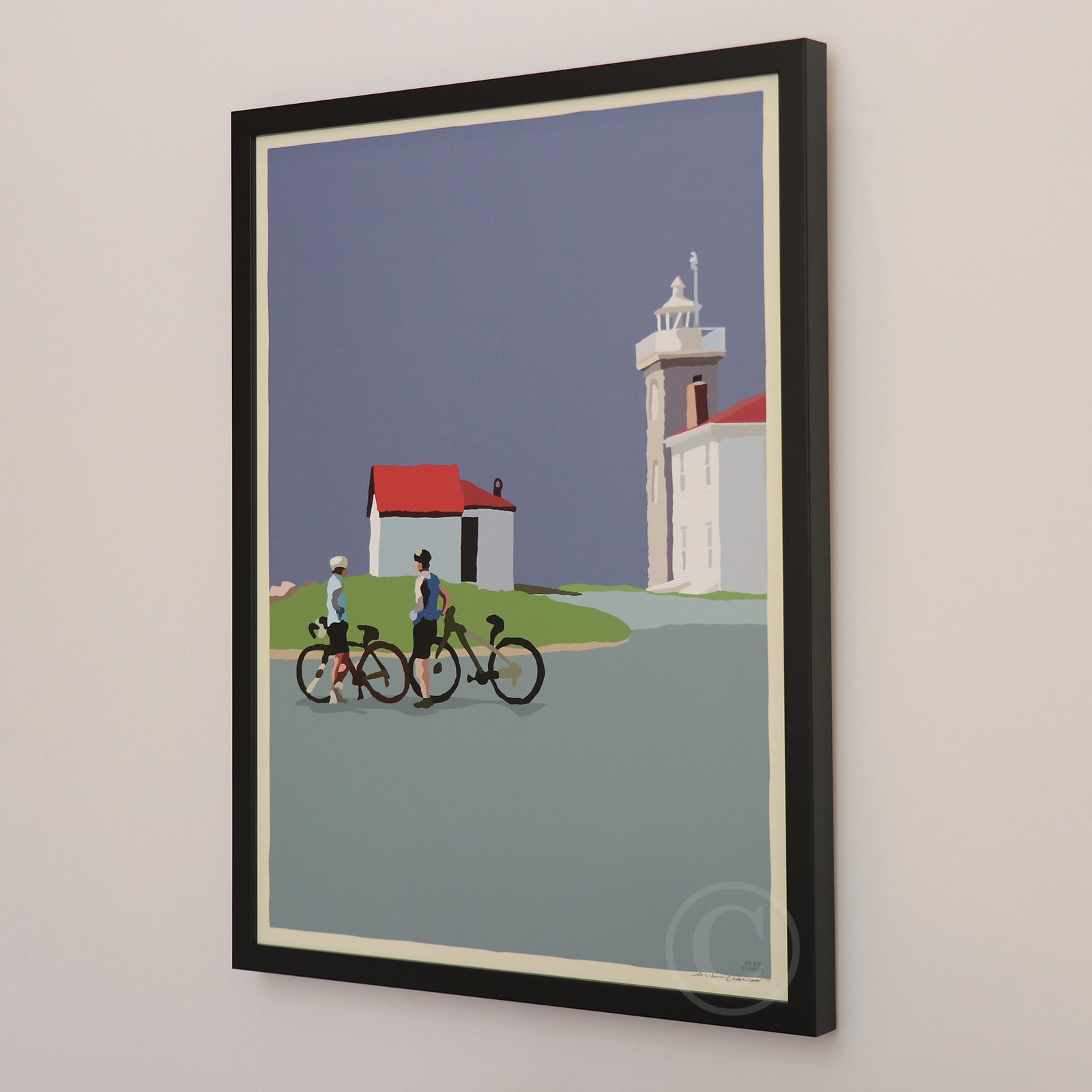Cyclists at Watch Hill Lighthouse Art Print 18" x 24" Vertical Framed Wall Poster By Alan Claude - Rhode Island