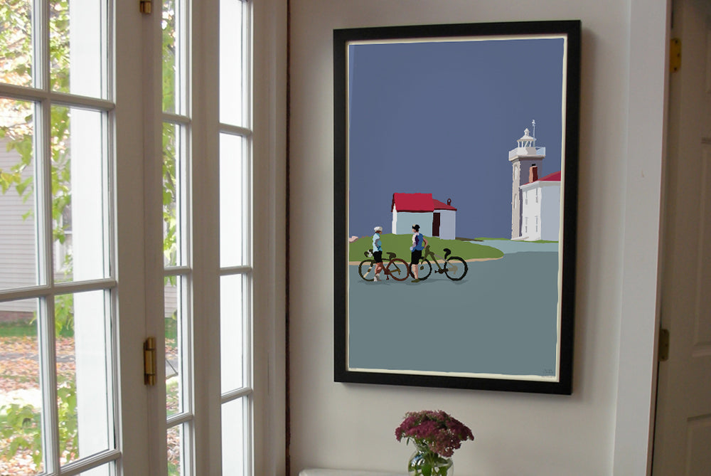 Cyclists at Watch Hill Lighthouse Art Print 24" x 36" Vertical Framed Wall Poster By Alan Claude - Rhode Island