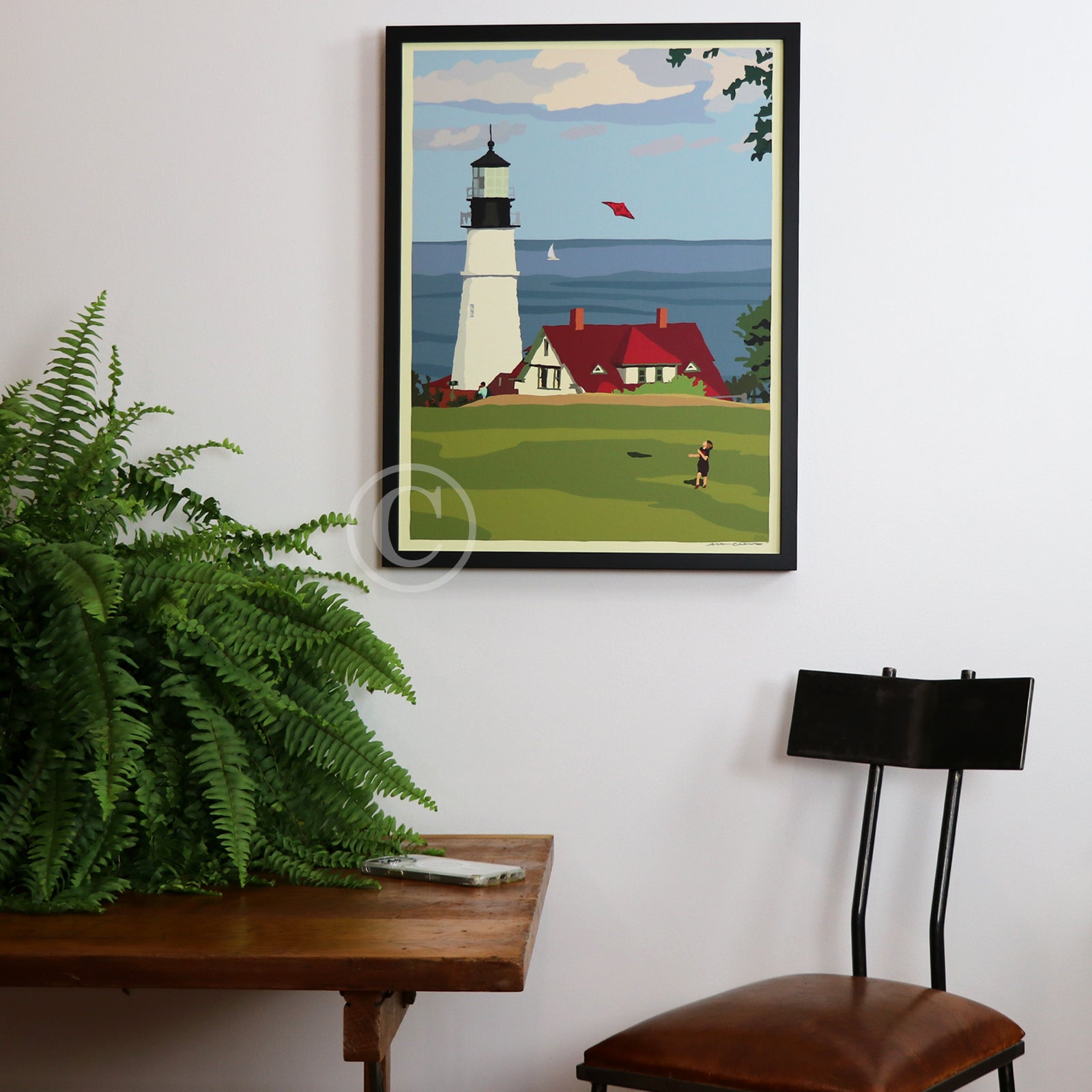 Fly Kite Fly at Portland Head Light Art Print 18" x 24" Framed Wall Poster By Alan Claude - Maine