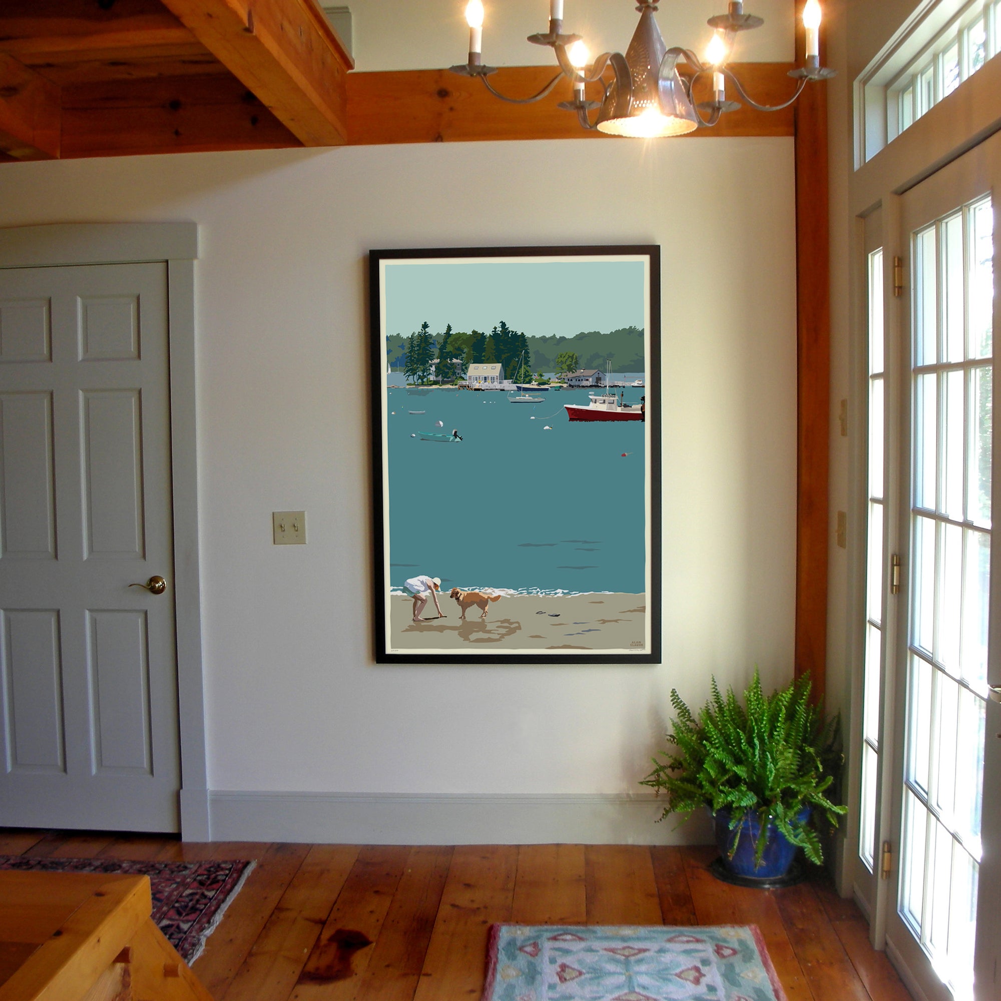 Golden Retriever at Beach "Go Fetch" Art Print 36" x 53" Framed Wall Poster By Alan Claude - Maine