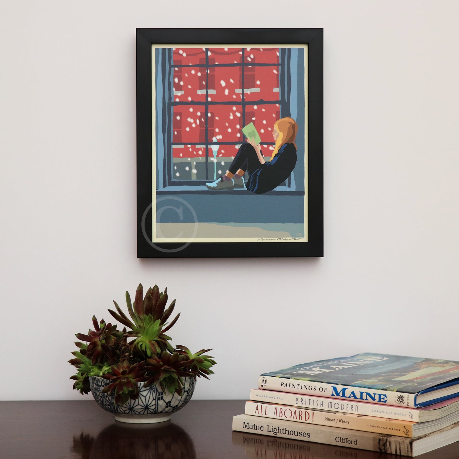 Good Book on a Snow Day Art Print 8" x 10" Framed Wall Poster By Alan Claude - Maine