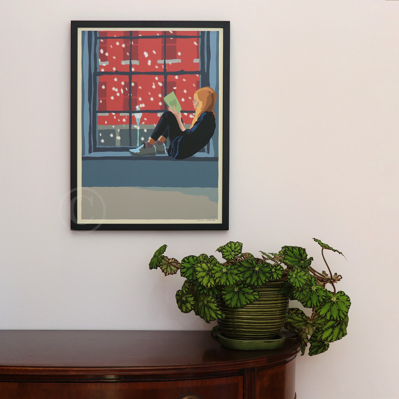 Good Book on a Snow Day Art Print 18" x 24" Framed Wall Poster By Alan Claude - Maine