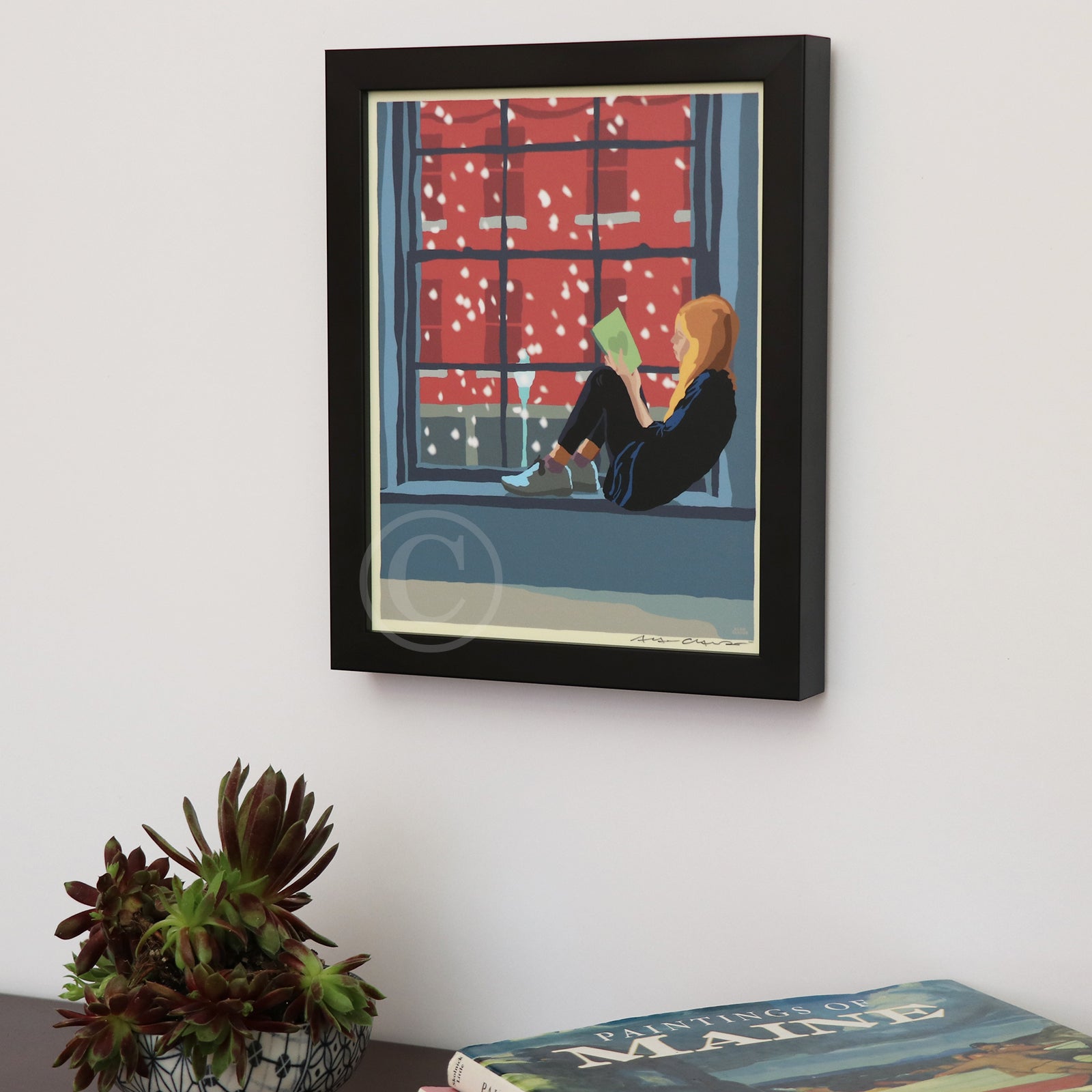 Good Book on a Snow Day Art Print 8" x 10" Framed Wall Poster By Alan Claude - Maine