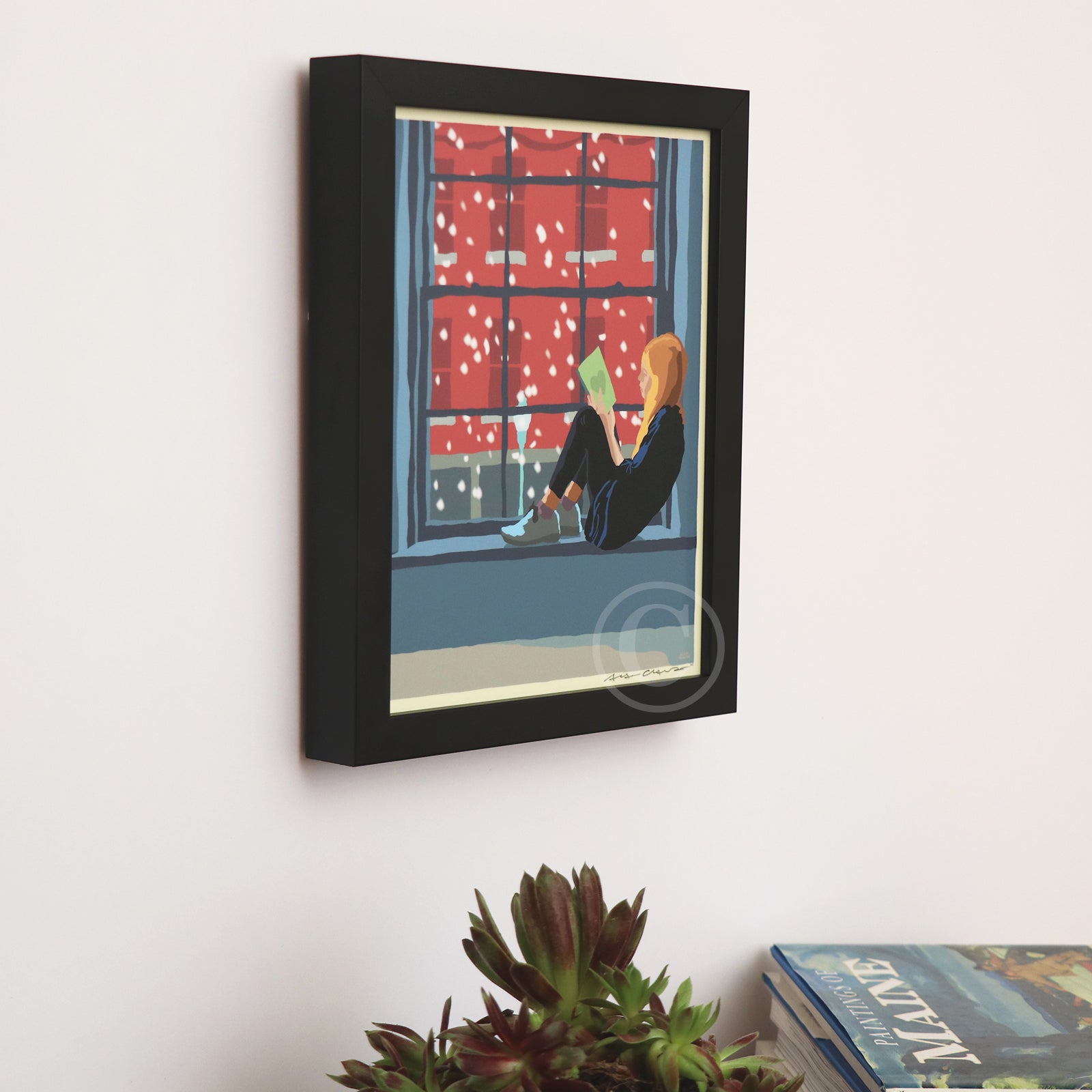 Good Book on a Snow Day Art Print 8" x 10" Framed Wall Poster By Alan Claude - Maine