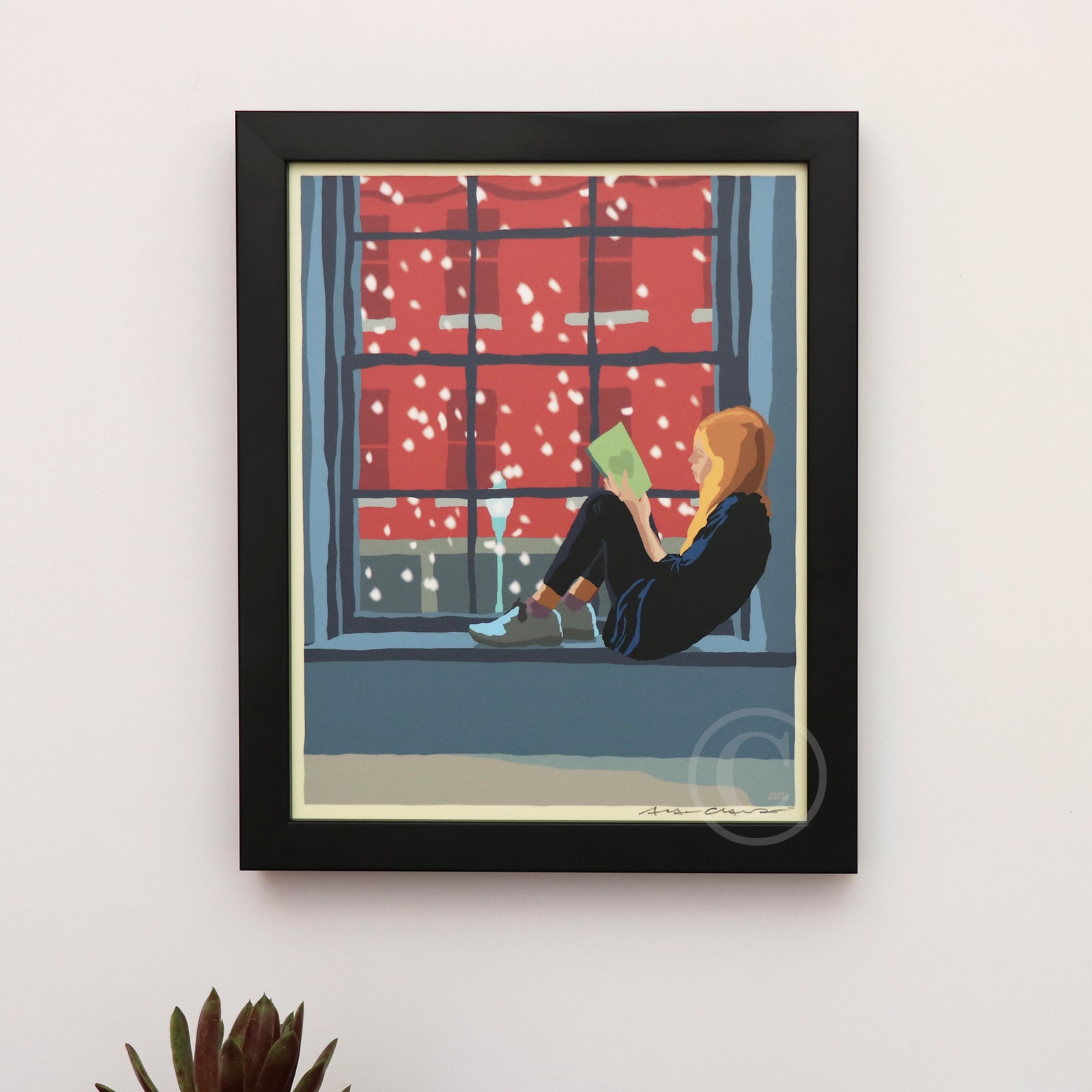 Good Book on a Snow Day Art Print 8" x 10" Framed Wall Poster By Alan Claude - Maine