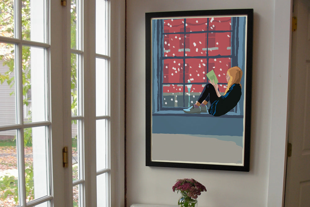 Good Book on a Snow Day Art Print 24" x 36" Framed Wall Poster By Alan Claude  - Maine